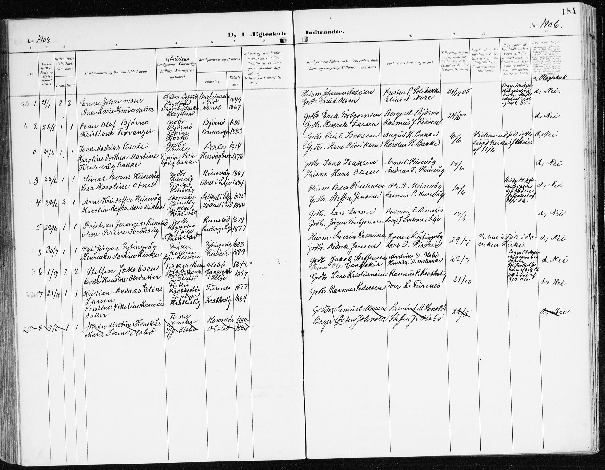 Davik sokneprestembete, AV/SAB-A-79701/H/Haa/Haad/L0002: Parish register (official) no. D 2, 1901-1930, p. 184