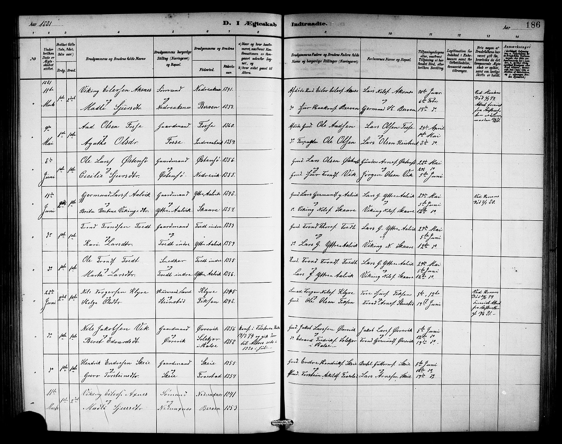 Kvam sokneprestembete, SAB/A-76201/H/Hab: Parish register (copy) no. C 3, 1881-1905, p. 186