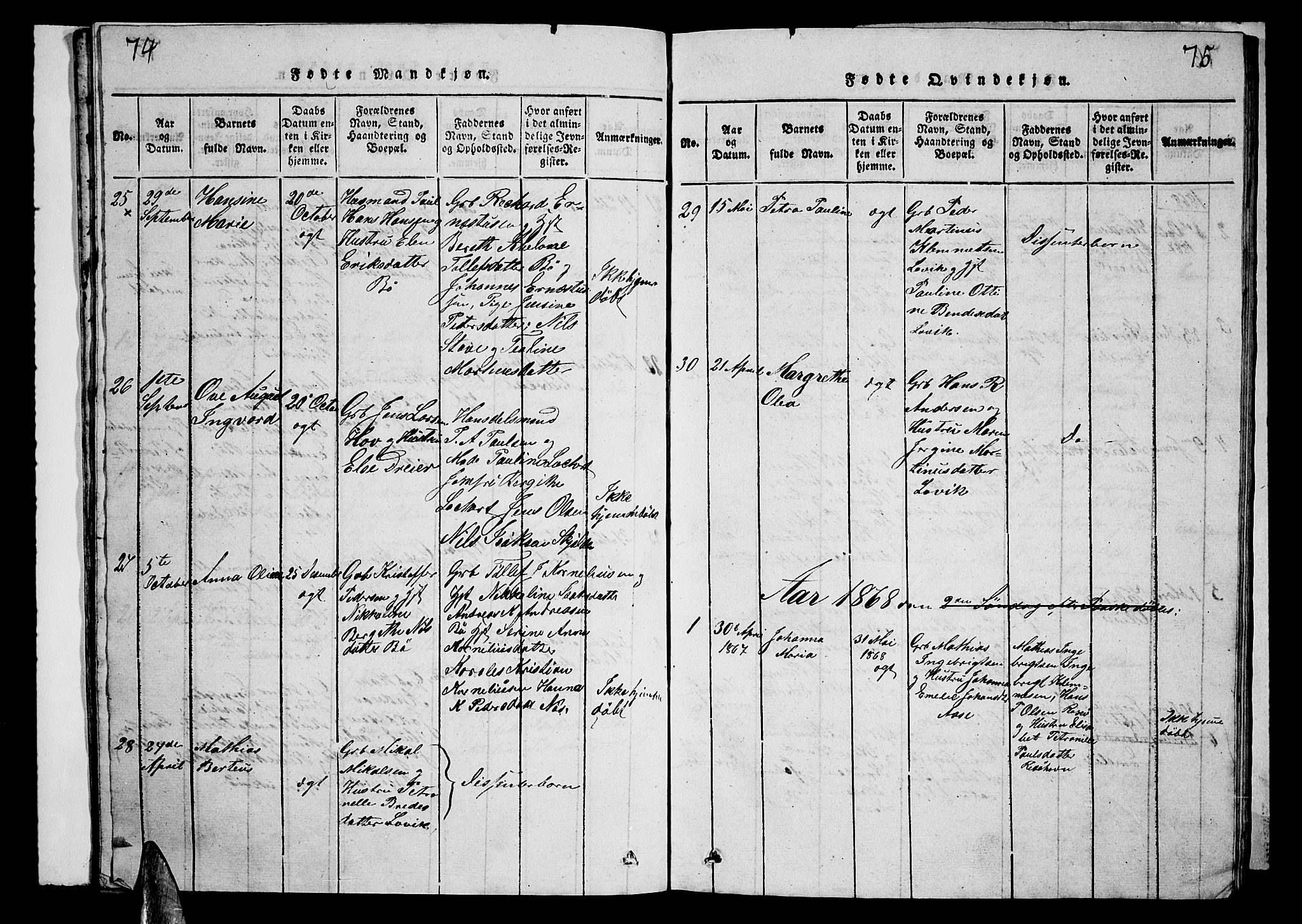 Ministerialprotokoller, klokkerbøker og fødselsregistre - Nordland, AV/SAT-A-1459/899/L1446: Parish register (copy) no. 899C01, 1820-1868, p. 74-75