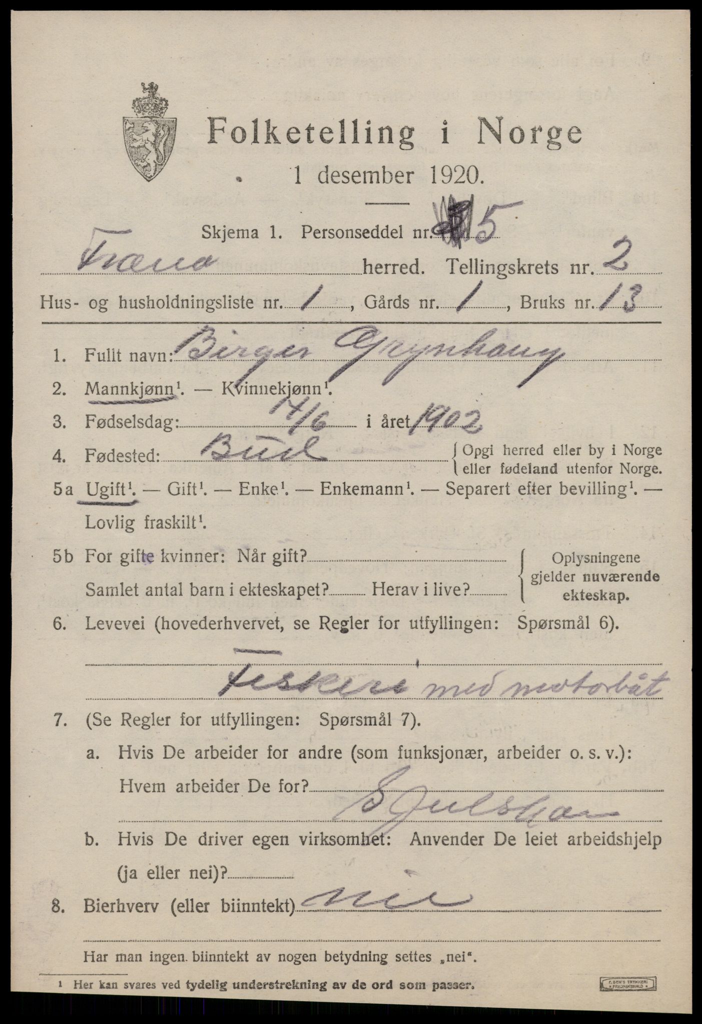 SAT, 1920 census for Fræna, 1920, p. 1537