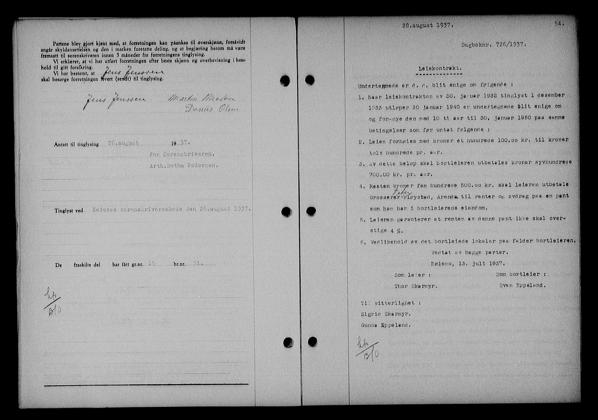 Nedenes sorenskriveri, AV/SAK-1221-0006/G/Gb/Gba/L0044: Mortgage book no. 40, 1937-1938, Diary no: : 726/1937