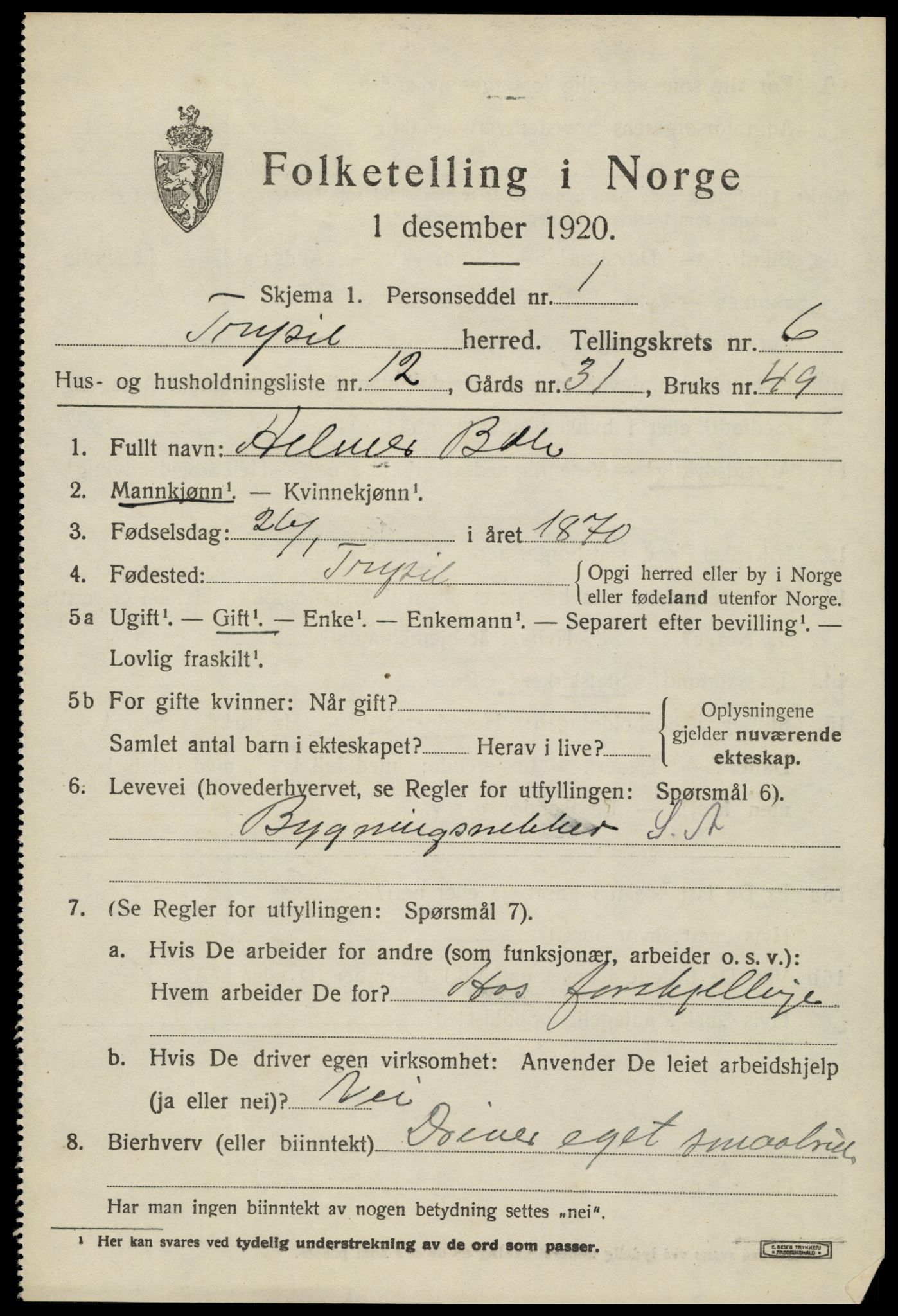 SAH, 1920 census for Trysil, 1920, p. 4663