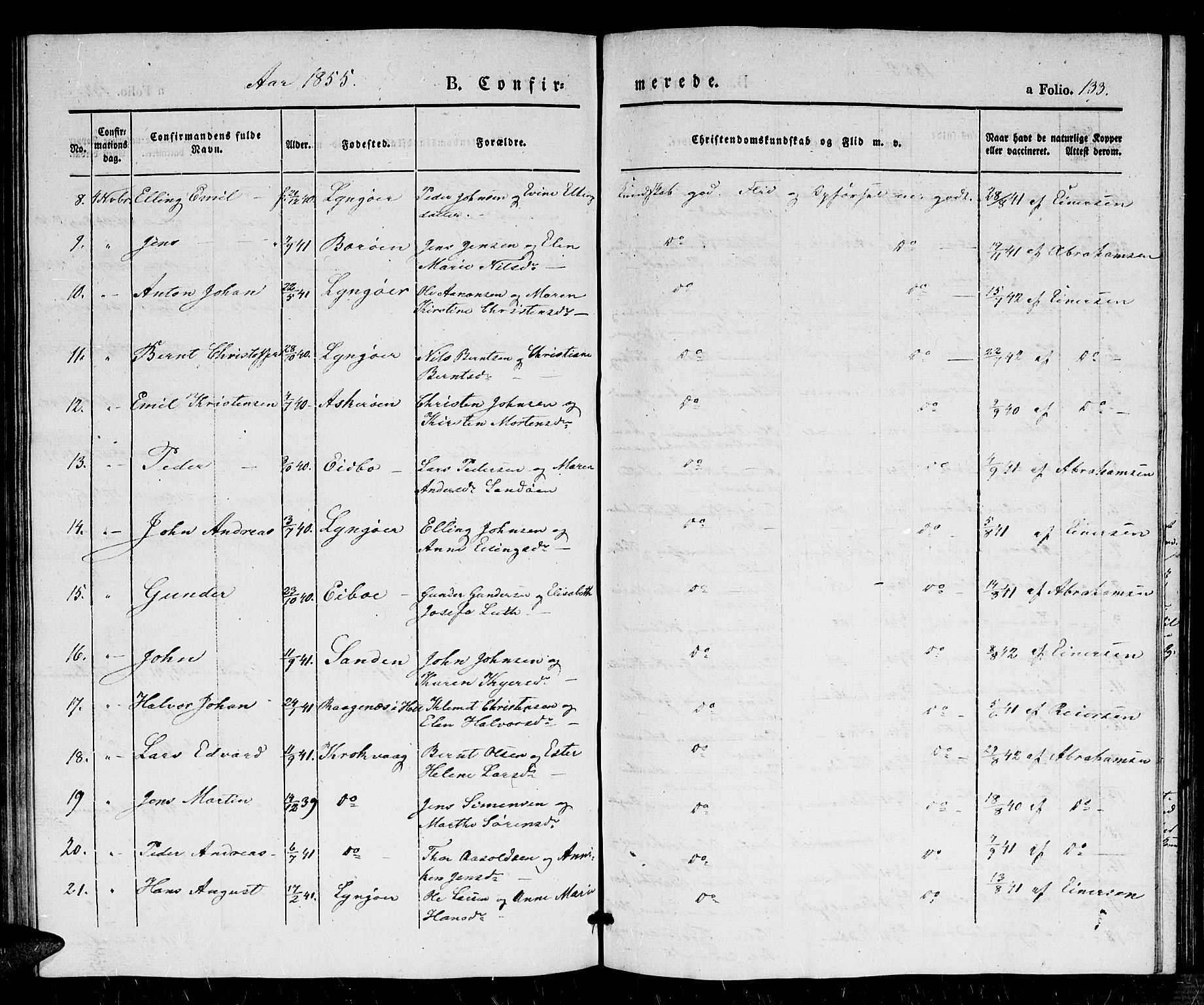 Dypvåg sokneprestkontor, AV/SAK-1111-0007/F/Fb/Fba/L0010: Parish register (copy) no. B 10, 1842-1857, p. 133