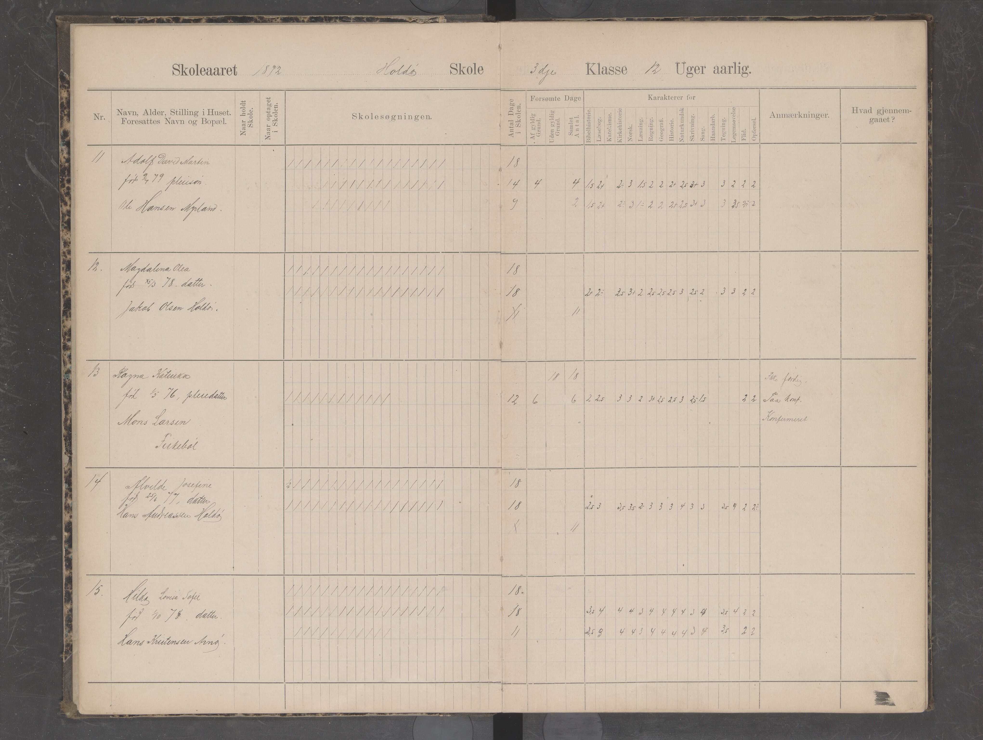 Hadsel kommune. Holdøy skolekrets, AIN/K-18660.510.25/G/L0001: Skoleprotokoll for Holdøy skole, 1892-1898