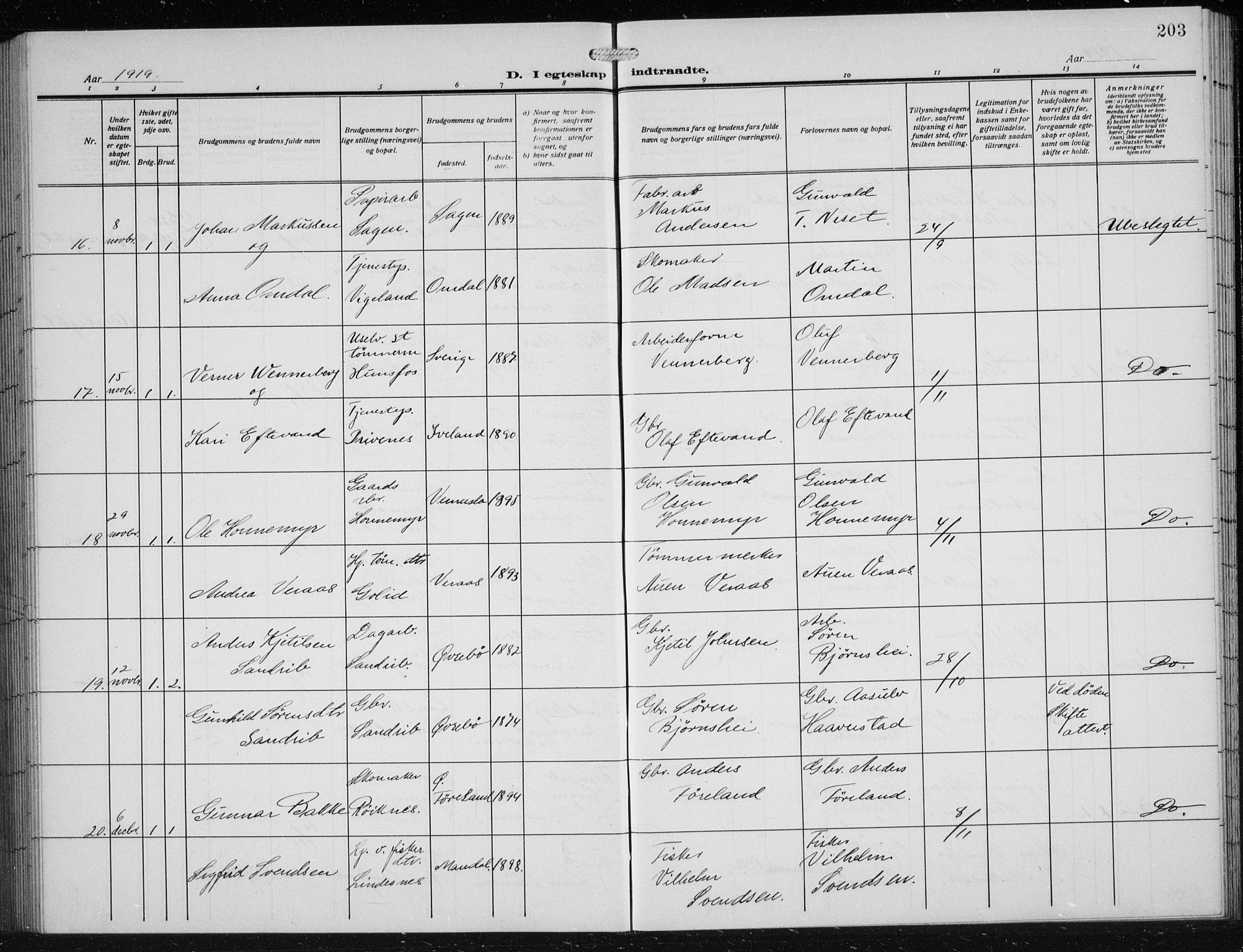 Vennesla sokneprestkontor, AV/SAK-1111-0045/Fb/Fbb/L0006: Parish register (copy) no. B 6, 1914-1921, p. 203