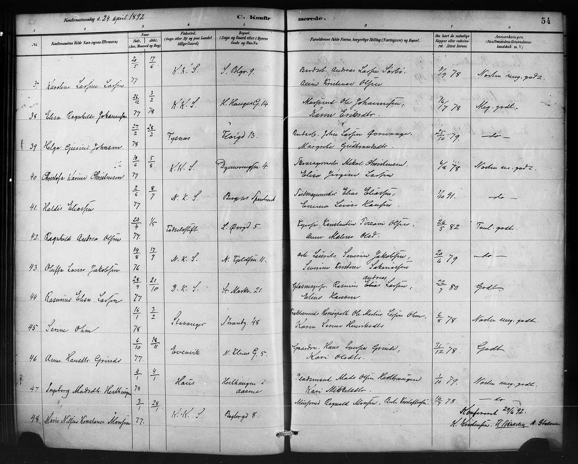 Korskirken sokneprestembete, AV/SAB-A-76101/H/Haa/L0071: Curate's parish register no. A 6, 1885-1912, p. 54
