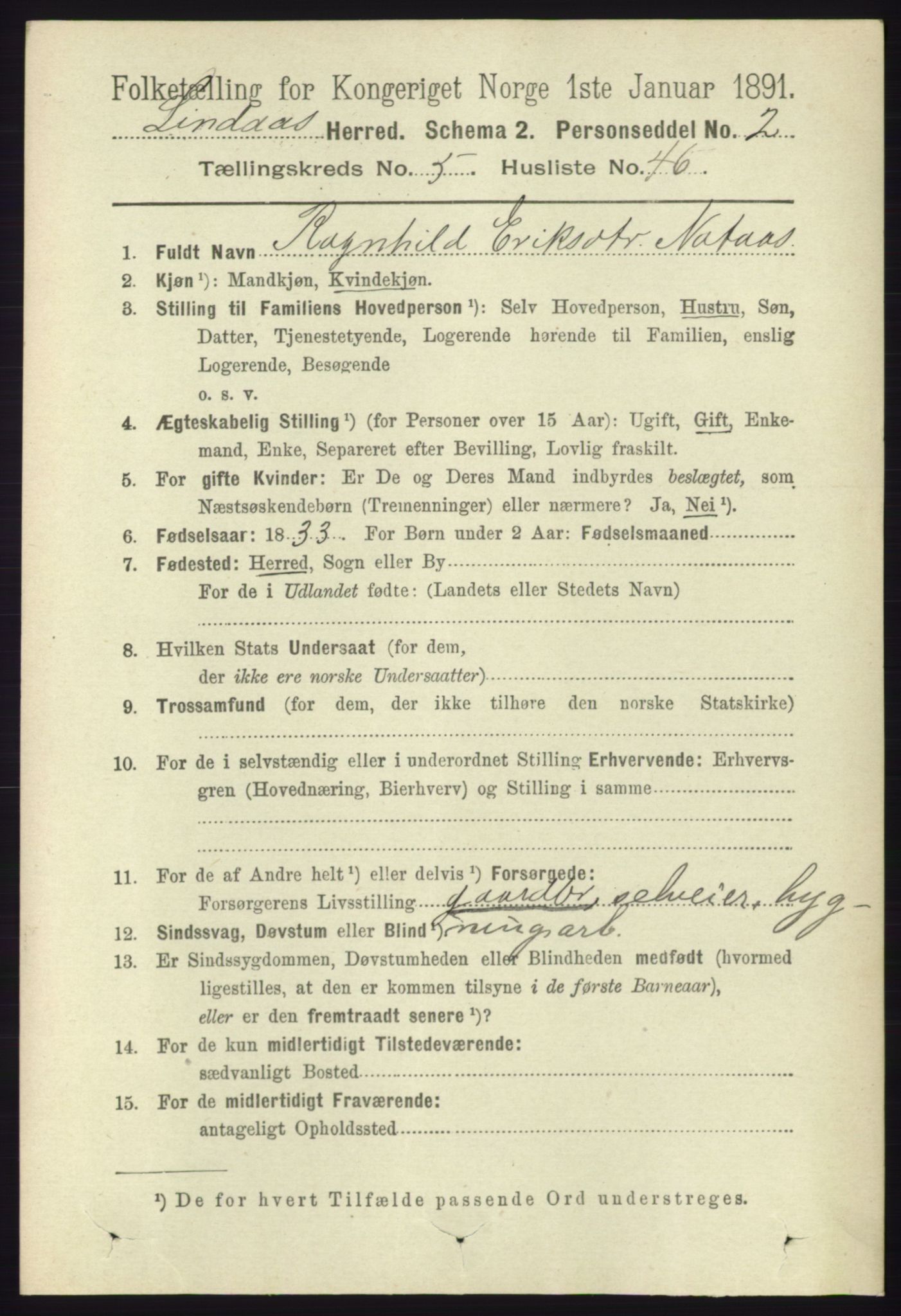 RA, 1891 census for 1263 Lindås, 1891, p. 1804