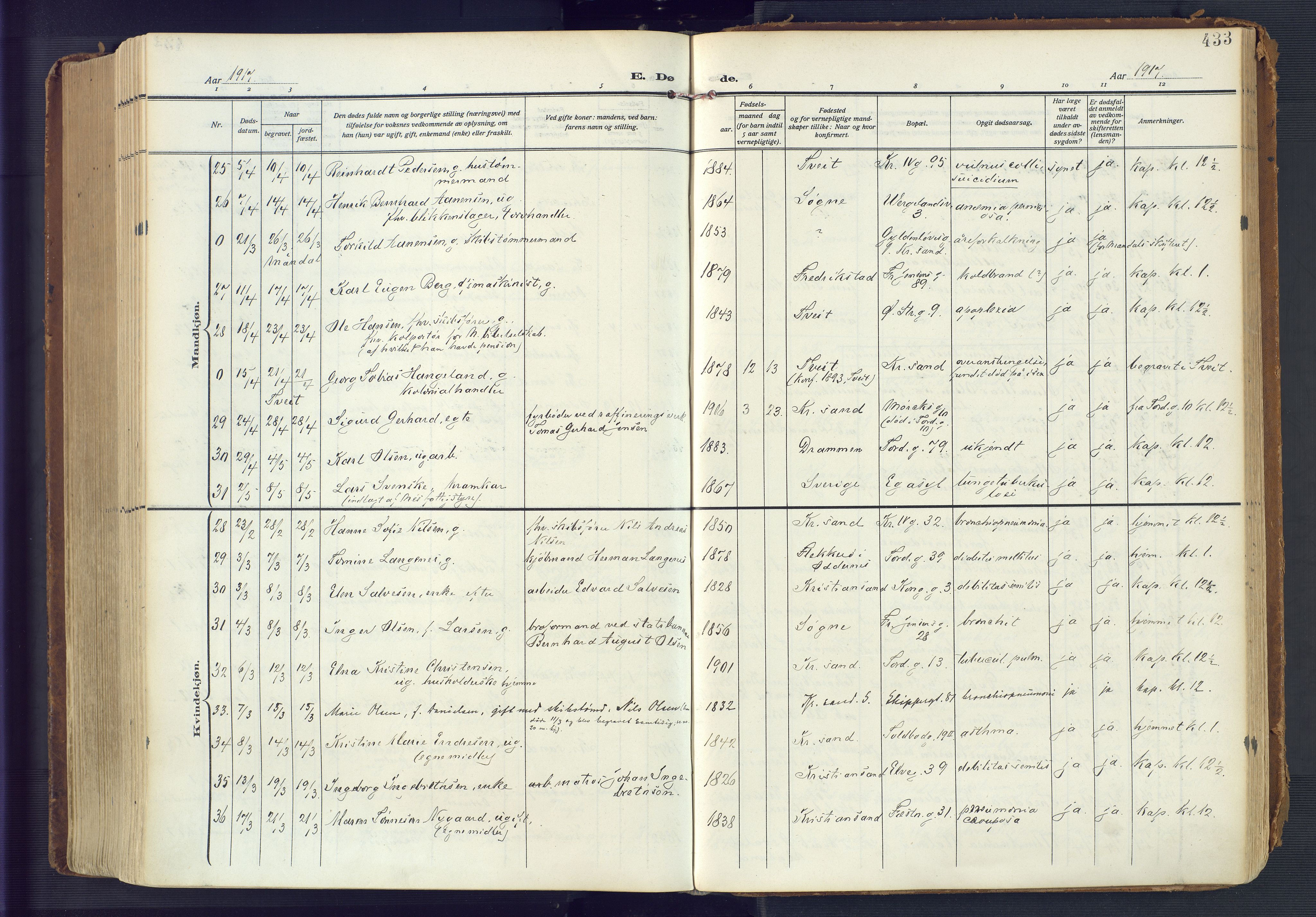 Kristiansand domprosti, AV/SAK-1112-0006/F/Fa/L0023: Parish register (official) no. A 22, 1909-1917, p. 433