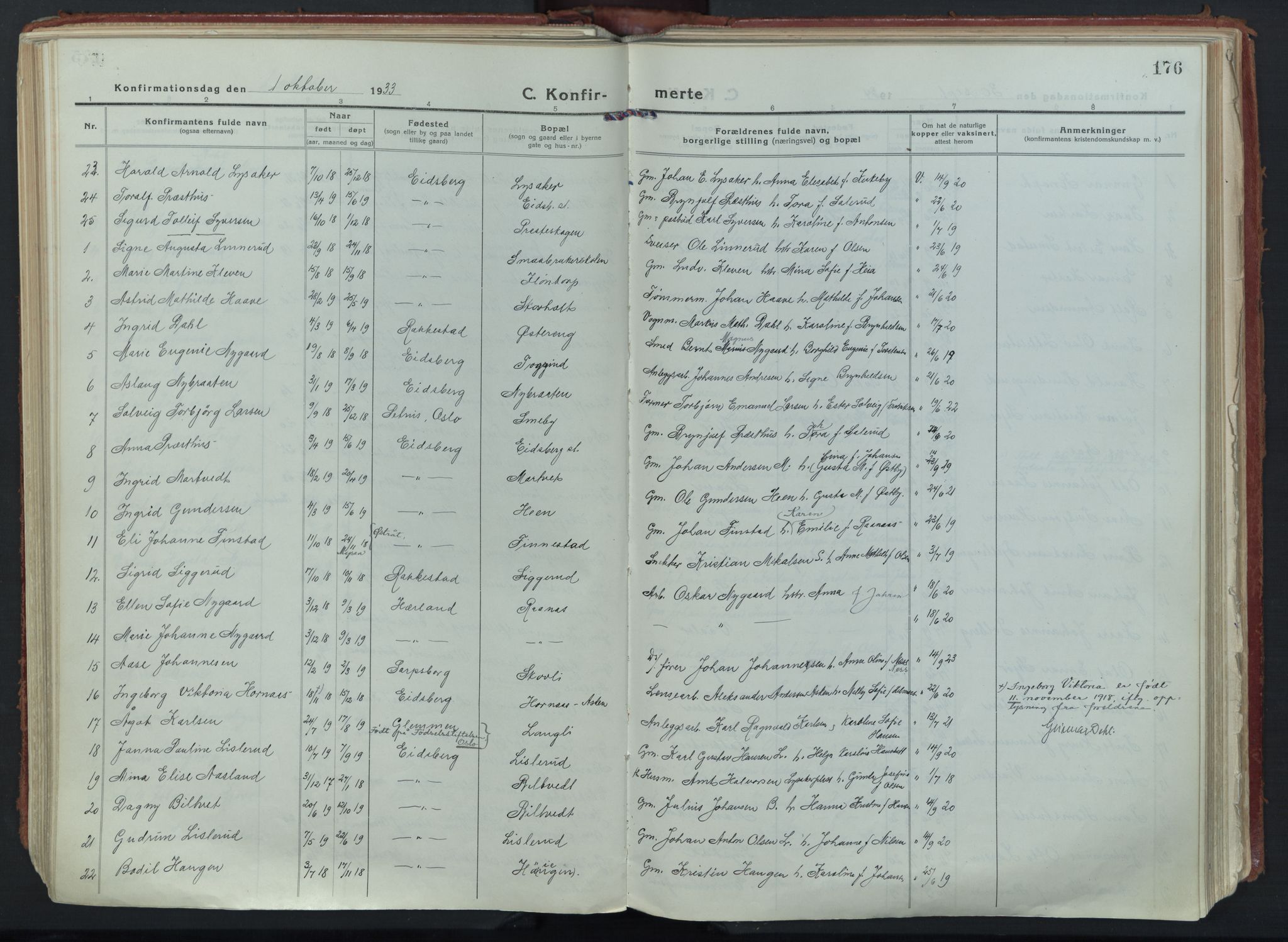 Eidsberg prestekontor Kirkebøker, SAO/A-10905/F/Fa/L0015: Parish register (official) no. I 15, 1920-1937, p. 176
