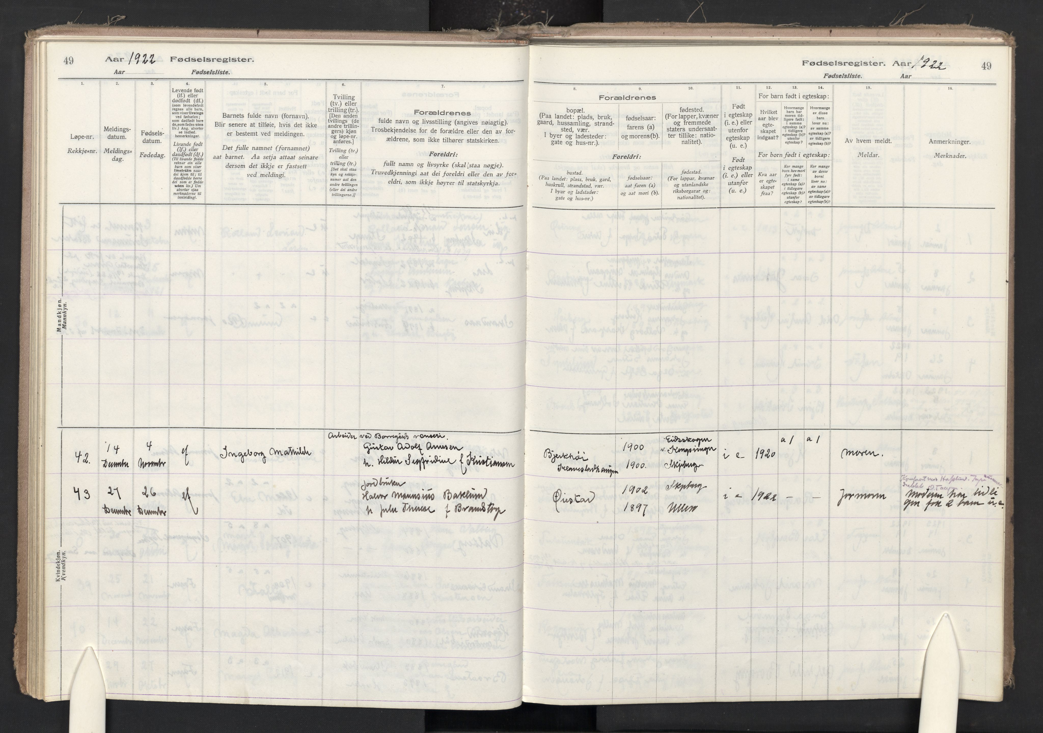 Skjeberg prestekontor Kirkebøker, AV/SAO-A-10923/J/Ja/L0001: Birth register no. I 1, 1916-1945, p. 49