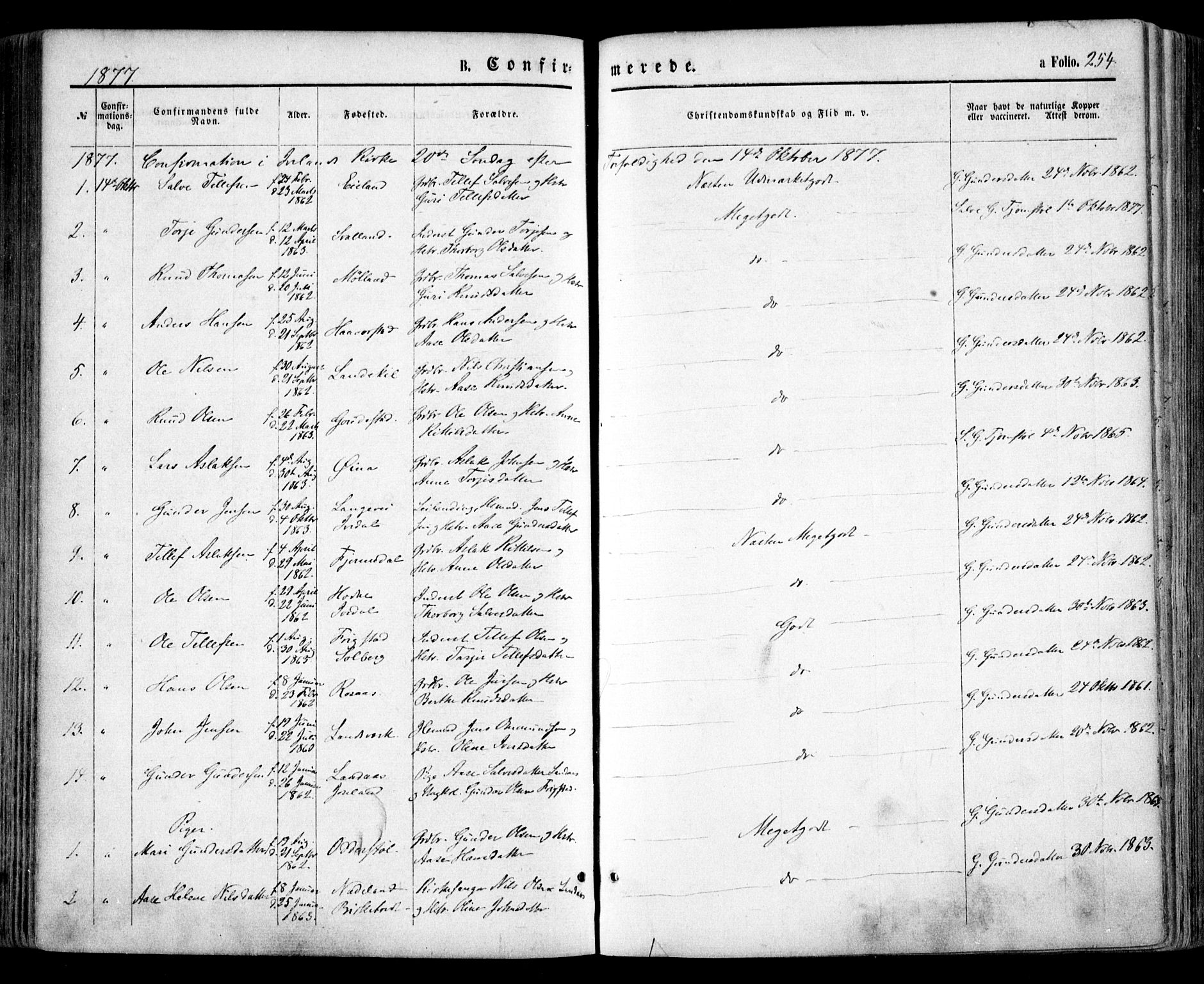 Evje sokneprestkontor, SAK/1111-0008/F/Fa/Faa/L0006: Parish register (official) no. A 6, 1866-1884, p. 254