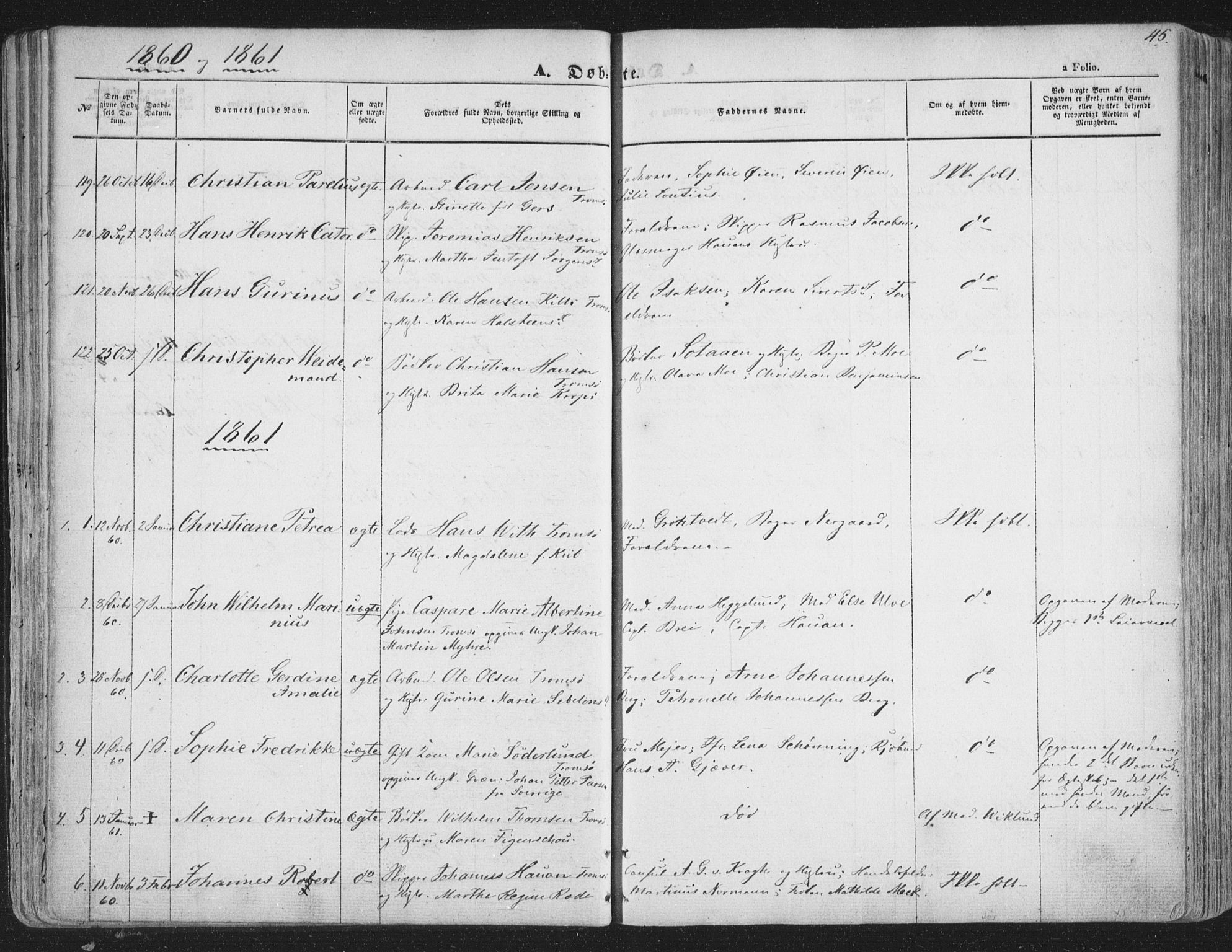 Tromsø sokneprestkontor/stiftsprosti/domprosti, SATØ/S-1343/G/Ga/L0011kirke: Parish register (official) no. 11, 1856-1865, p. 45