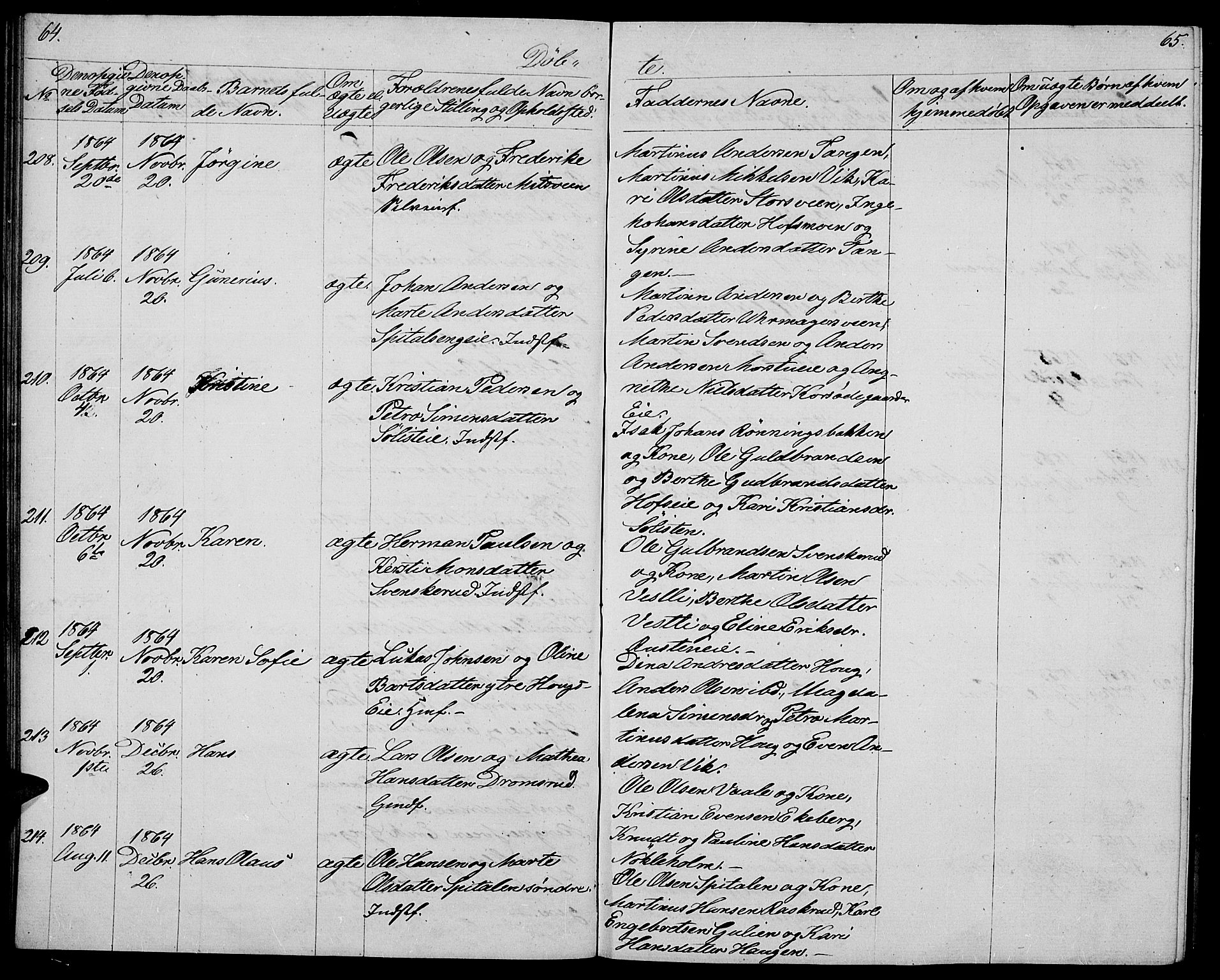 Stange prestekontor, SAH/PREST-002/L/L0004: Parish register (copy) no. 4, 1861-1869, p. 64-65