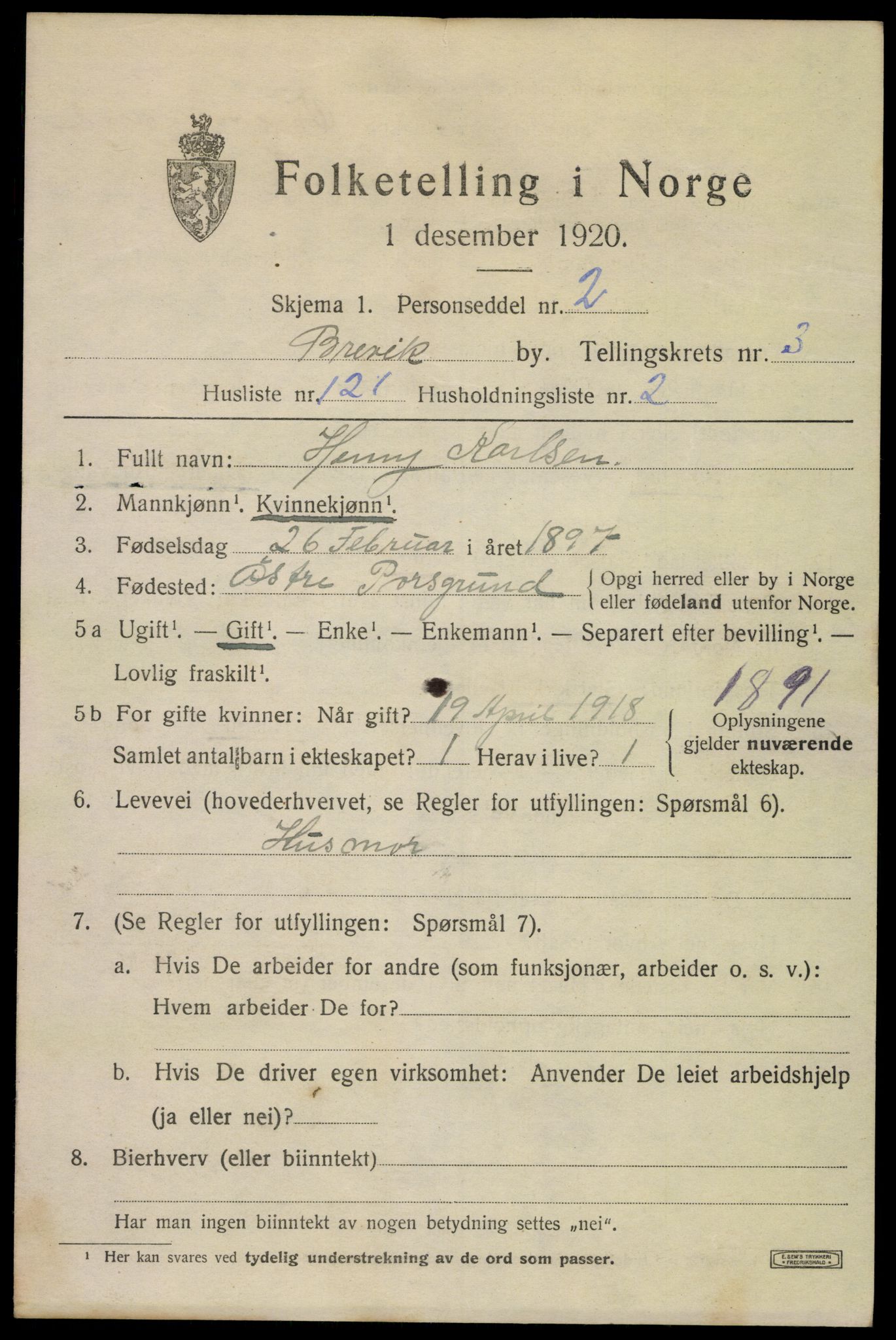 SAKO, 1920 census for Brevik, 1920, p. 6024