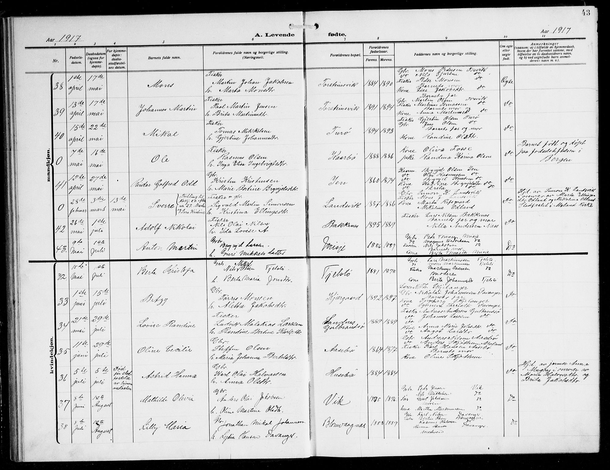 Herdla Sokneprestembete, AV/SAB-A-75701/H/Hab: Parish register (copy) no. C 2, 1913-1926, p. 43