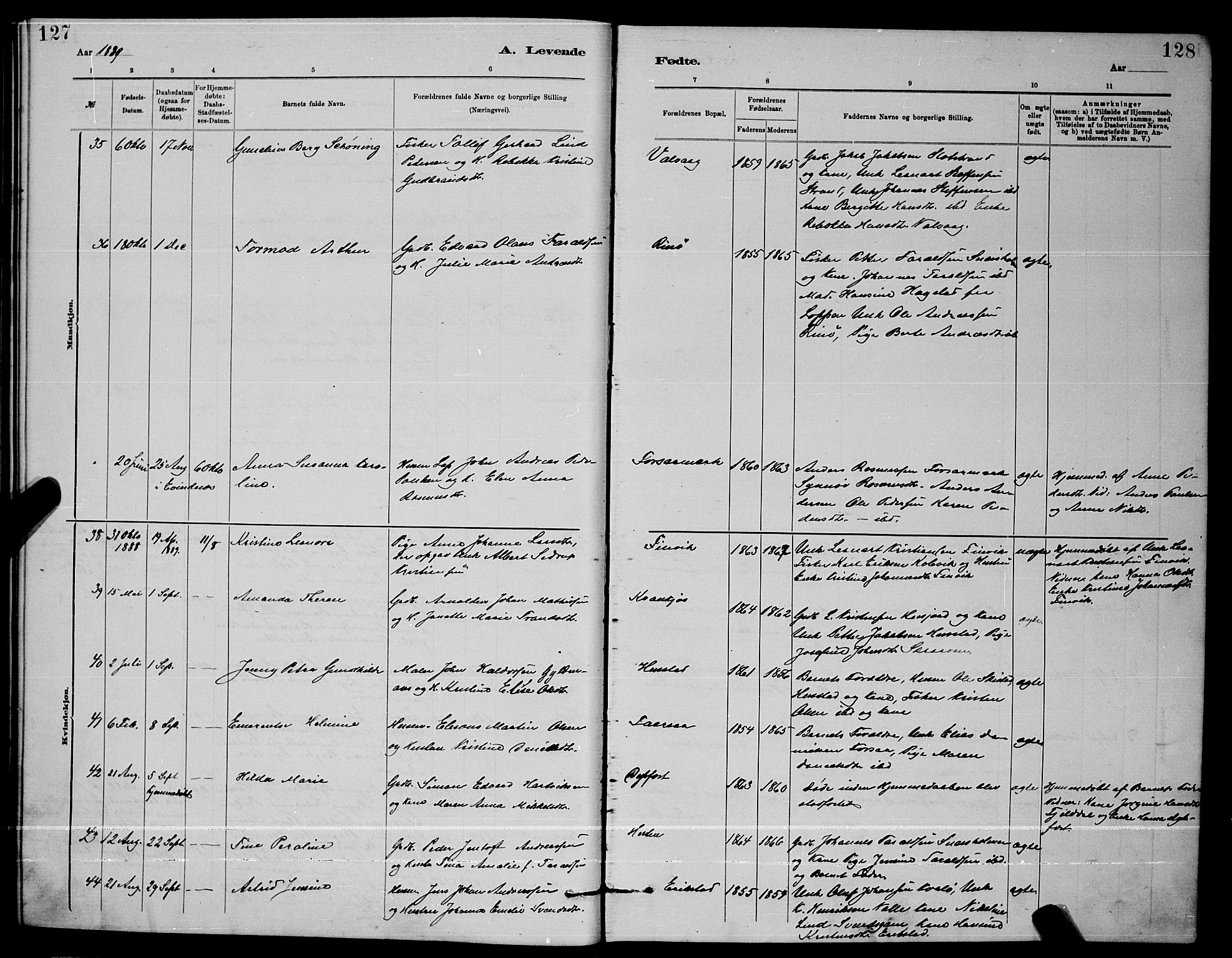 Ministerialprotokoller, klokkerbøker og fødselsregistre - Nordland, AV/SAT-A-1459/872/L1047: Parish register (copy) no. 872C03, 1880-1897, p. 127-128