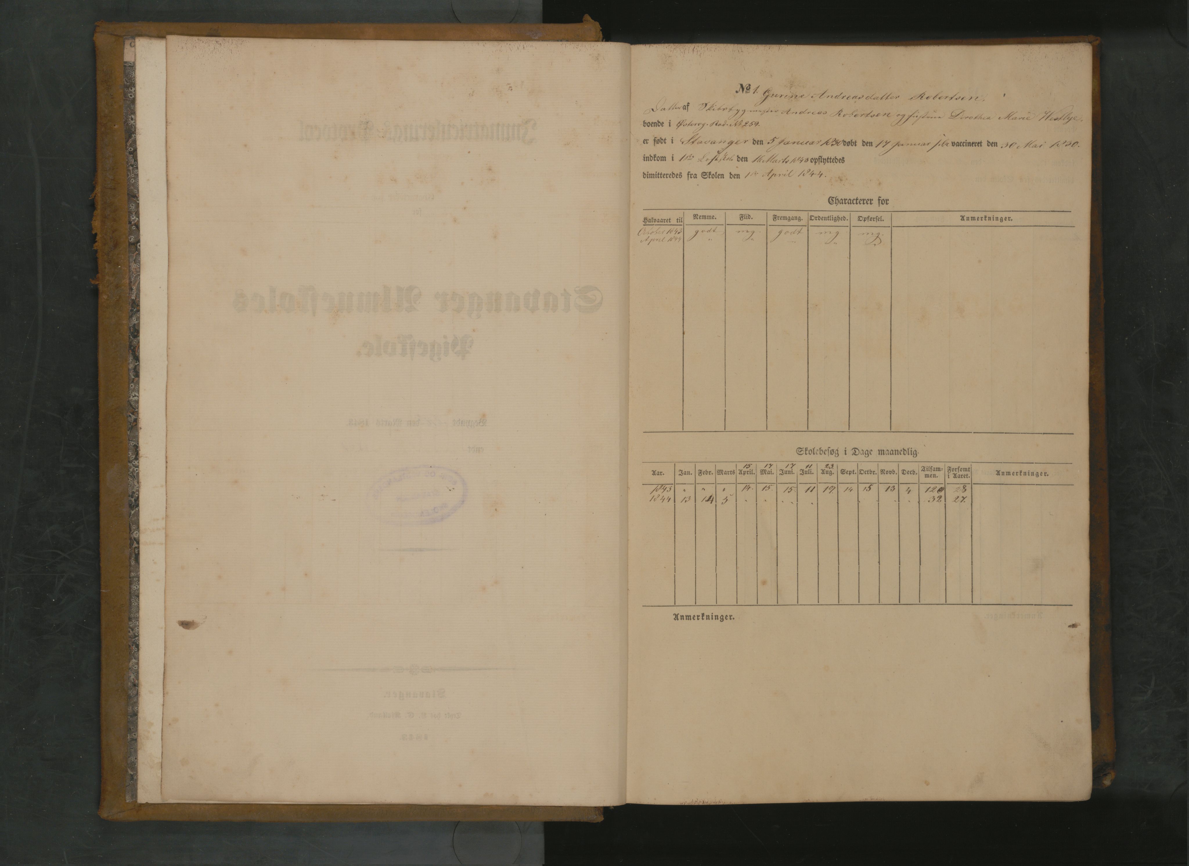 Stavanger kommune. Stavanger almueskole, BYST/A-0014/G/Gc/L0003: Skoleprotokoll, gutter, 1843-1854