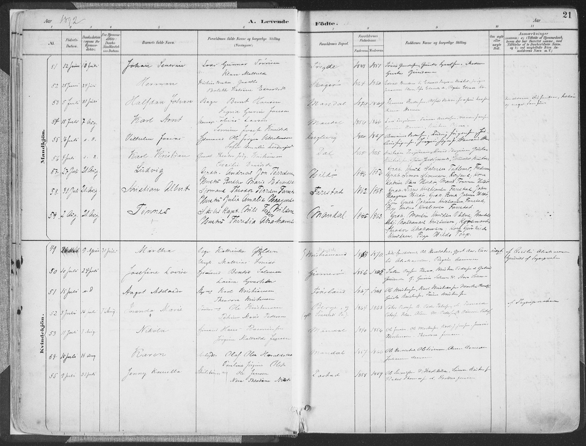 Mandal sokneprestkontor, AV/SAK-1111-0030/F/Fa/Faa/L0018: Parish register (official) no. A 18, 1890-1905, p. 21