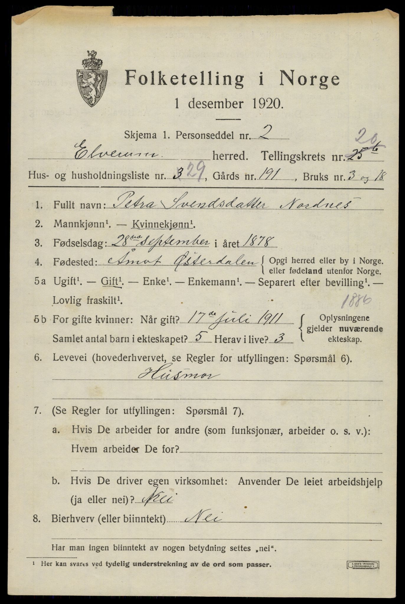 SAH, 1920 census for Elverum, 1920, p. 23606