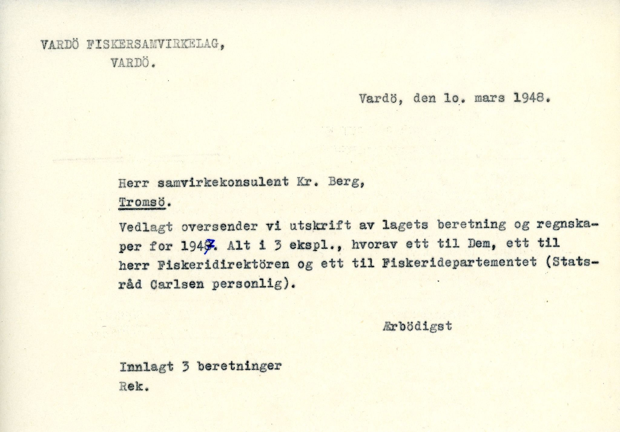 Vardø Fiskersamvirkelag, VAMU/A-0037/D/Da/L0006: Korrespondanse Re-St, 1947-1951