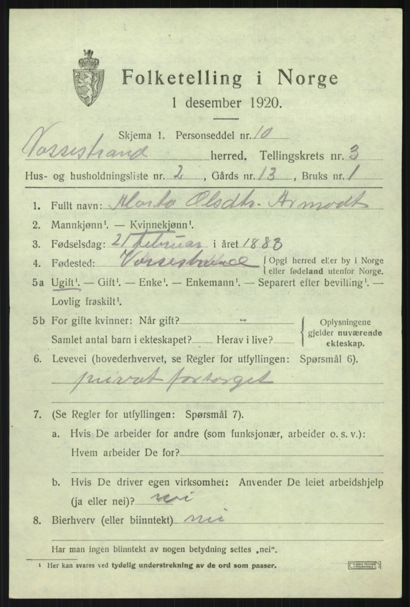 SAB, 1920 census for Vossestrand, 1920, p. 1460