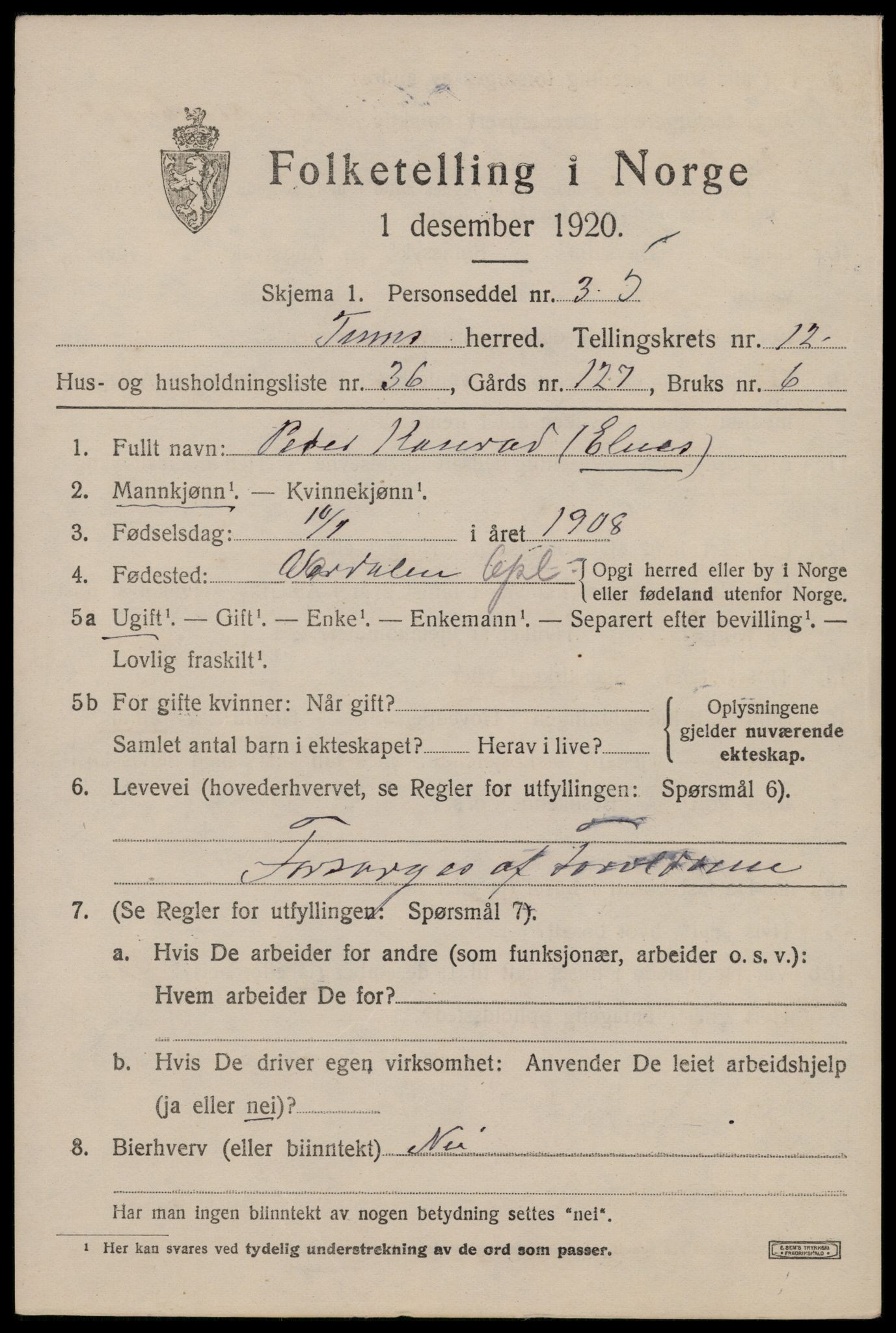 SAKO, 1920 census for Tinn, 1920, p. 8142