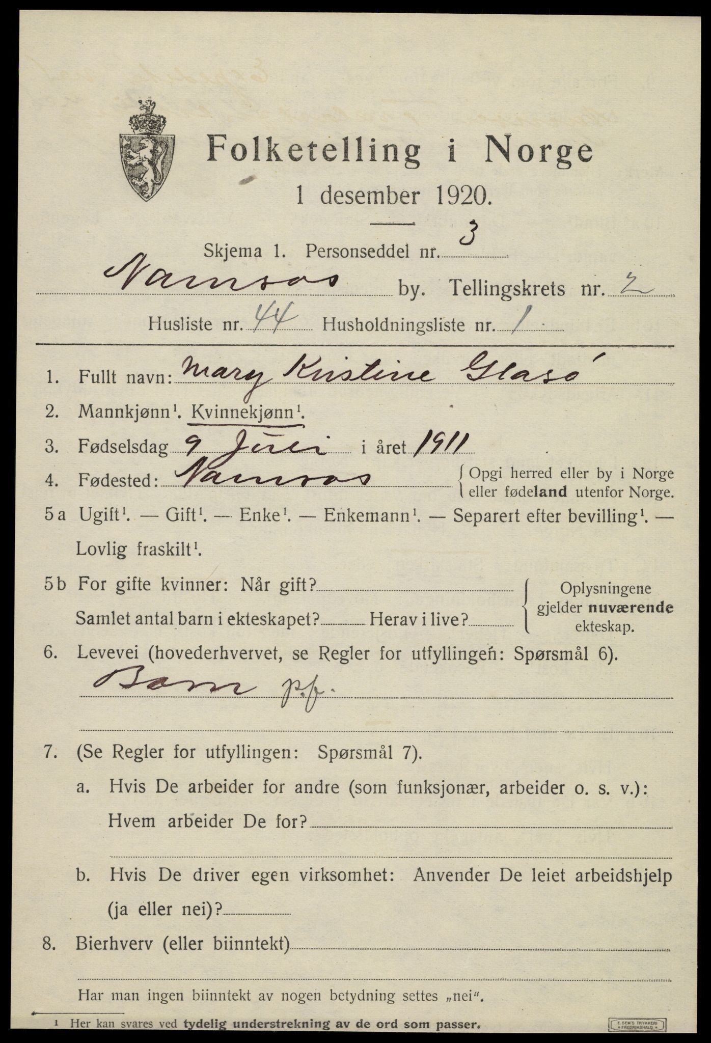 SAT, 1920 census for Namsos, 1920, p. 3719
