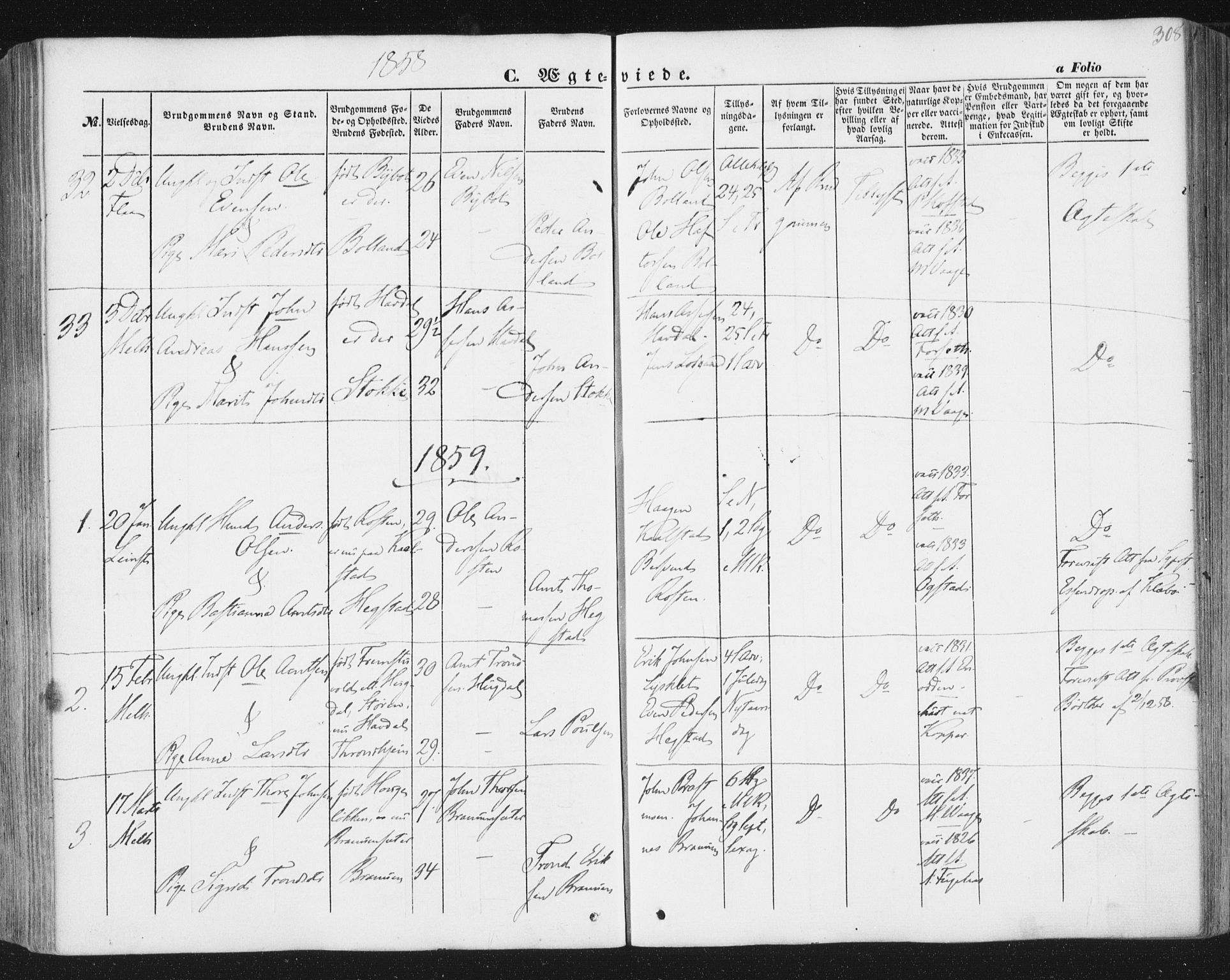 Ministerialprotokoller, klokkerbøker og fødselsregistre - Sør-Trøndelag, SAT/A-1456/691/L1076: Parish register (official) no. 691A08, 1852-1861, p. 308