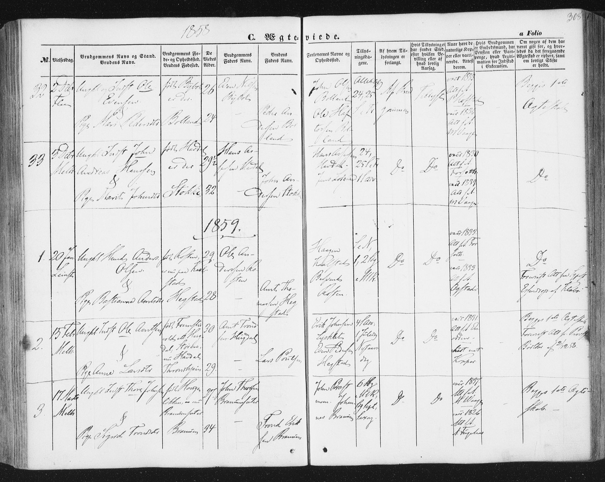 Ministerialprotokoller, klokkerbøker og fødselsregistre - Sør-Trøndelag, AV/SAT-A-1456/691/L1076: Parish register (official) no. 691A08, 1852-1861, p. 308