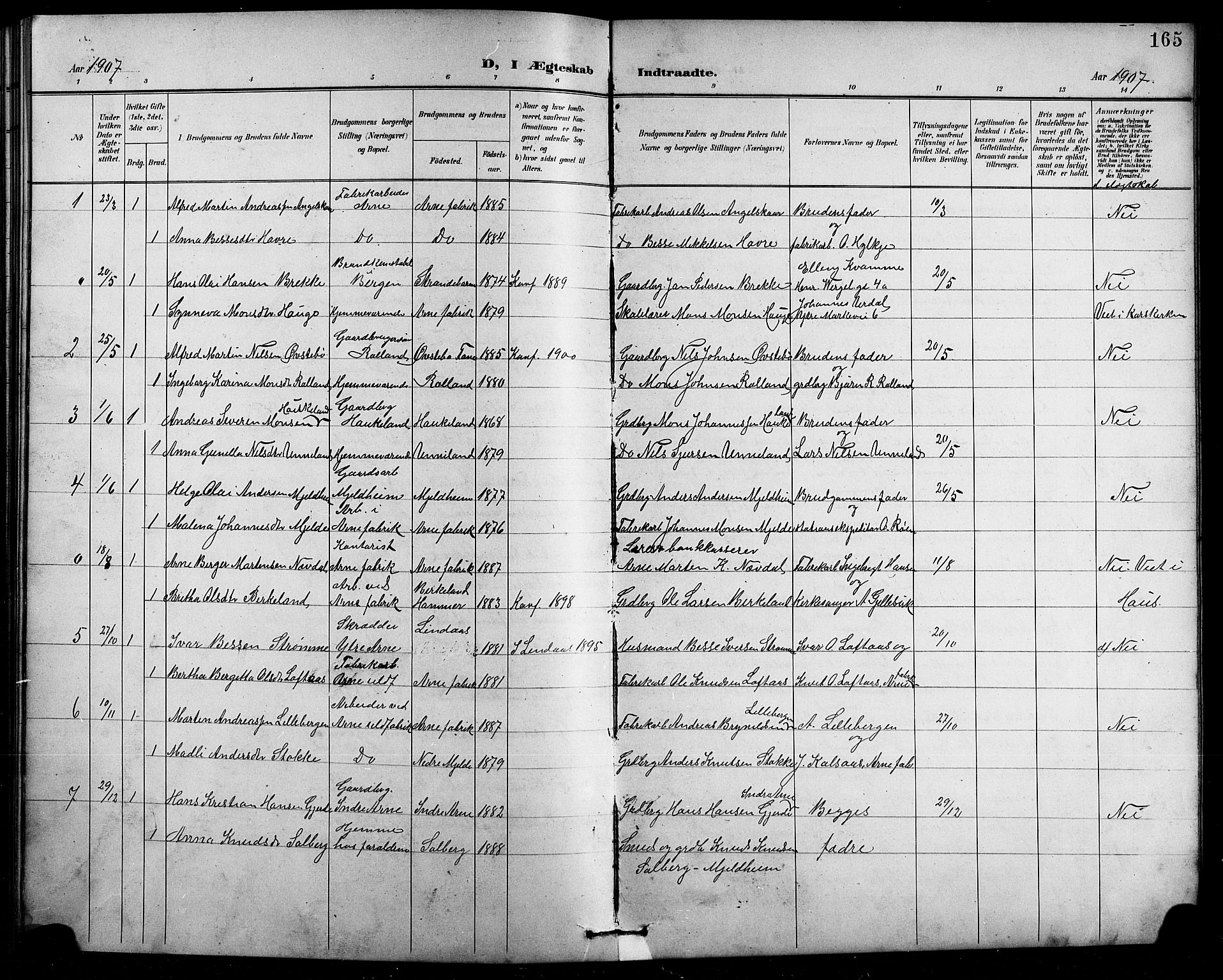 Arna Sokneprestembete, SAB/A-74001/H/Ha/Hab: Parish register (copy) no. A 4, 1898-1910, p. 165