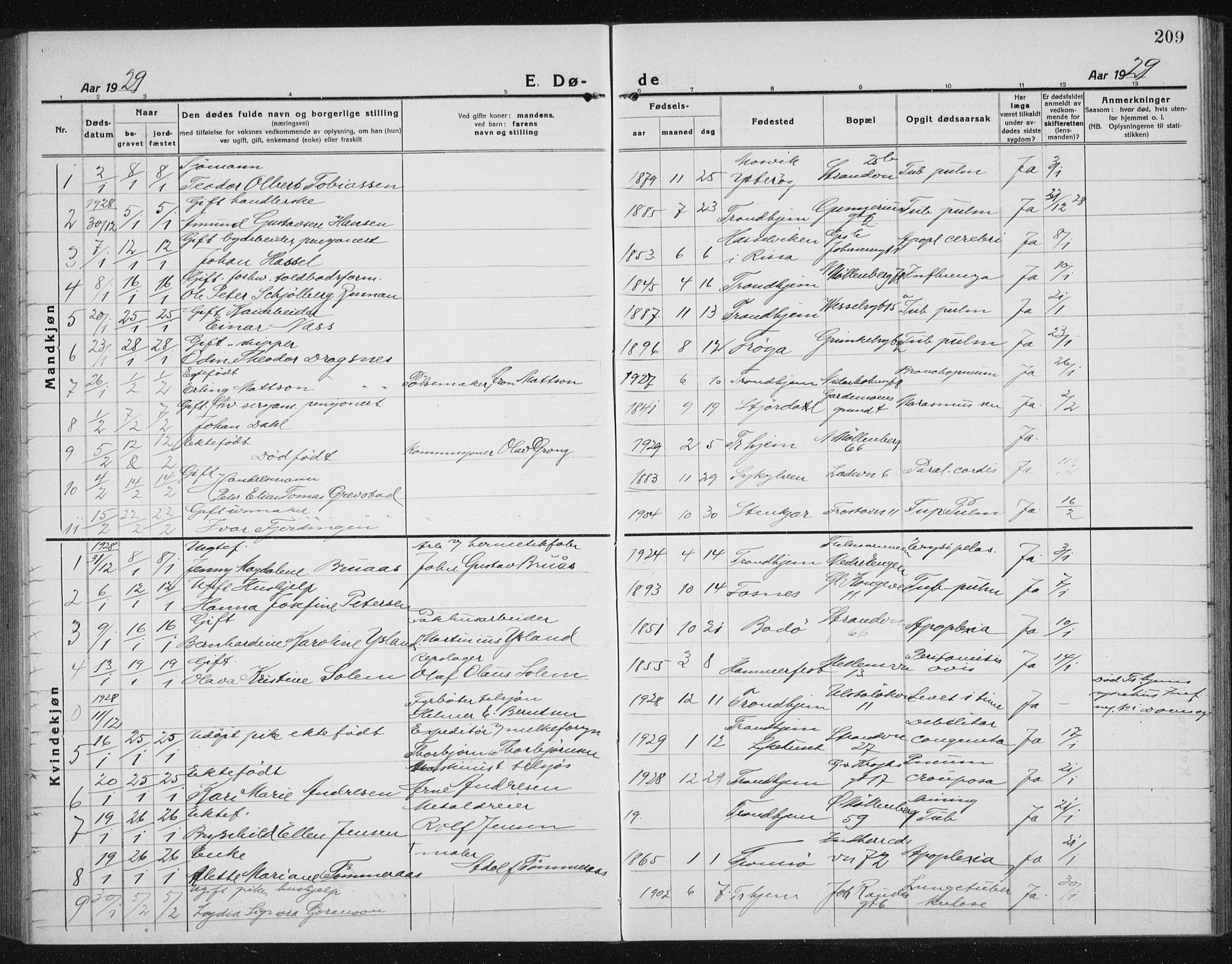 Ministerialprotokoller, klokkerbøker og fødselsregistre - Sør-Trøndelag, SAT/A-1456/605/L0260: Parish register (copy) no. 605C07, 1922-1942, p. 209