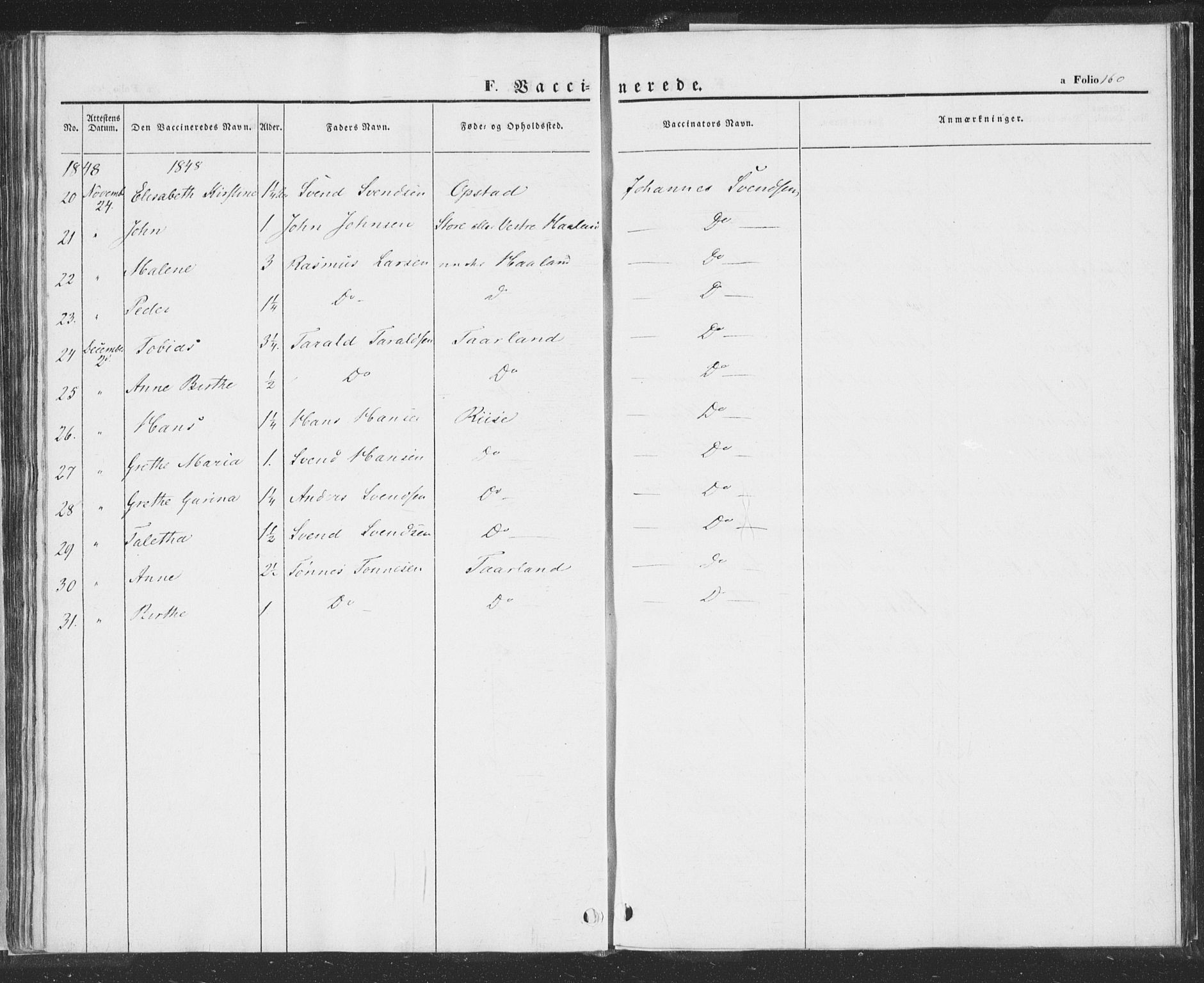 Hå sokneprestkontor, SAST/A-101801/001/30BA/L0006: Parish register (official) no. A 5, 1842-1853, p. 160