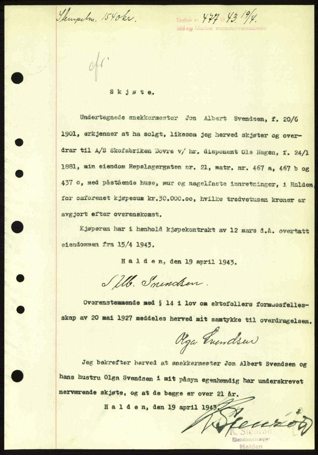 Idd og Marker sorenskriveri, AV/SAO-A-10283/G/Gb/Gbb/L0006: Mortgage book no. A6, 1943-1944, Diary no: : 477/1943