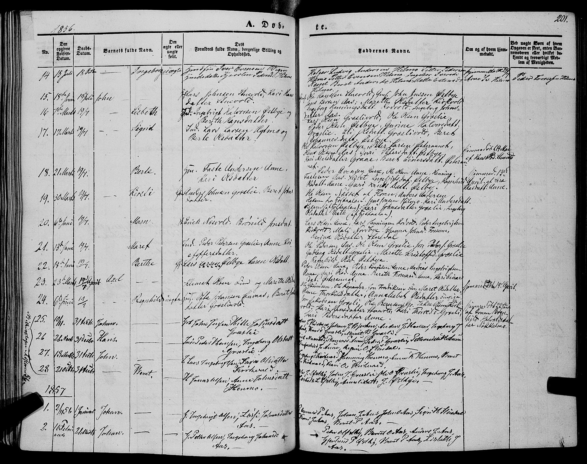 Ministerialprotokoller, klokkerbøker og fødselsregistre - Sør-Trøndelag, SAT/A-1456/695/L1146: Parish register (official) no. 695A06 /2, 1843-1859, p. 201