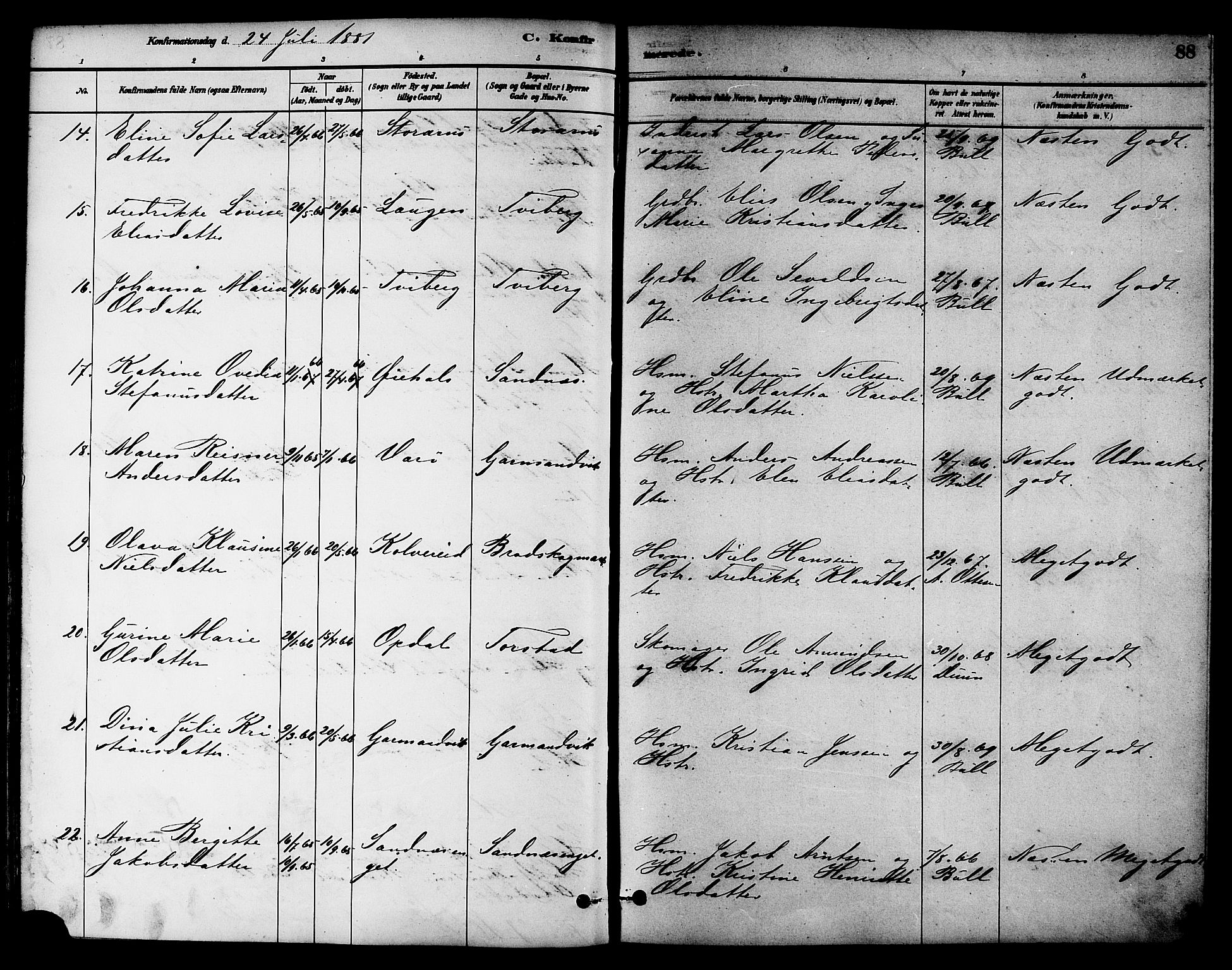 Ministerialprotokoller, klokkerbøker og fødselsregistre - Nord-Trøndelag, AV/SAT-A-1458/784/L0672: Parish register (official) no. 784A07, 1880-1887, p. 88