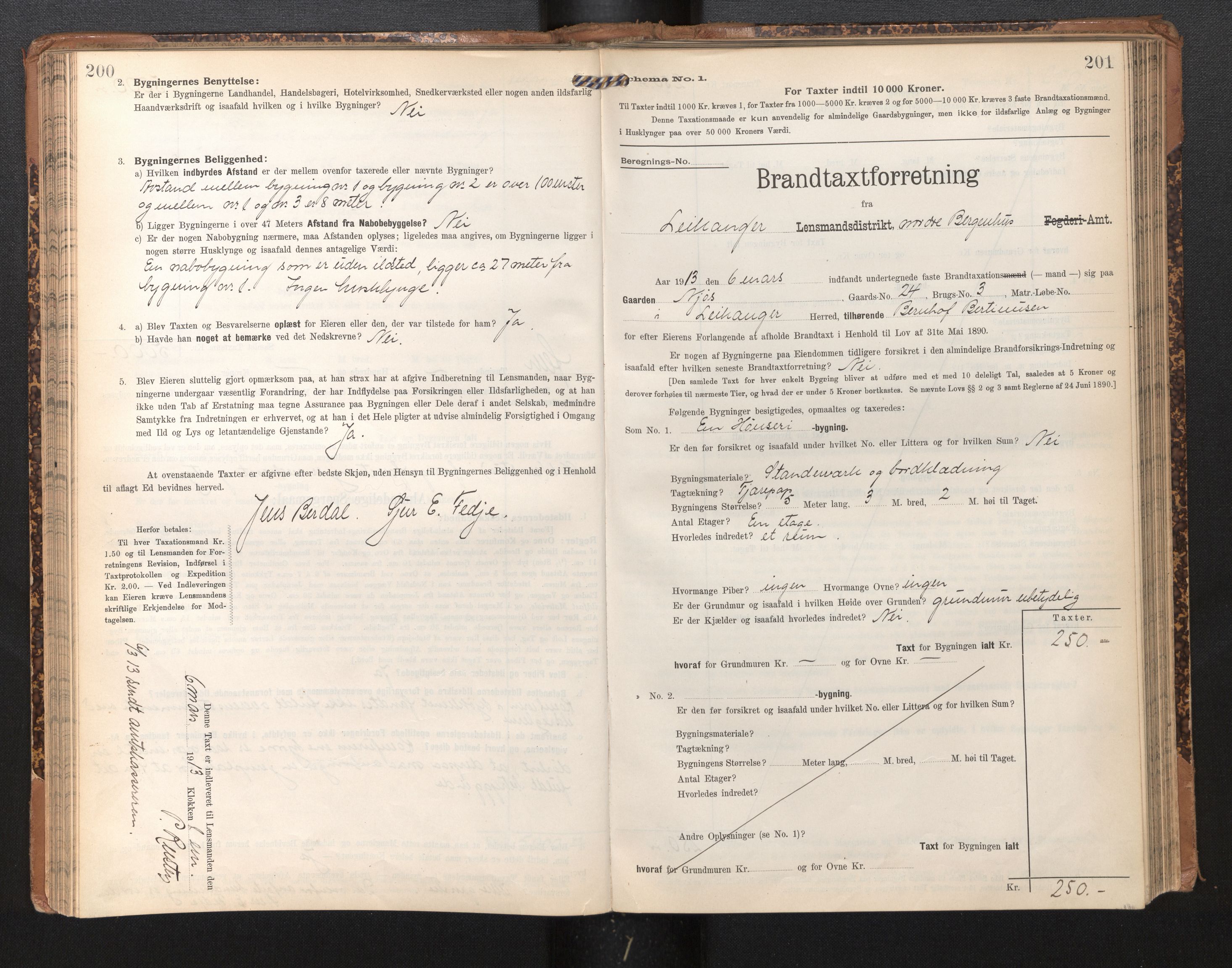 Lensmannen i Leikanger, AV/SAB-A-29201/0012/L0005: Branntakstprotokoll, skjematakst, 1907-1917, p. 200-201