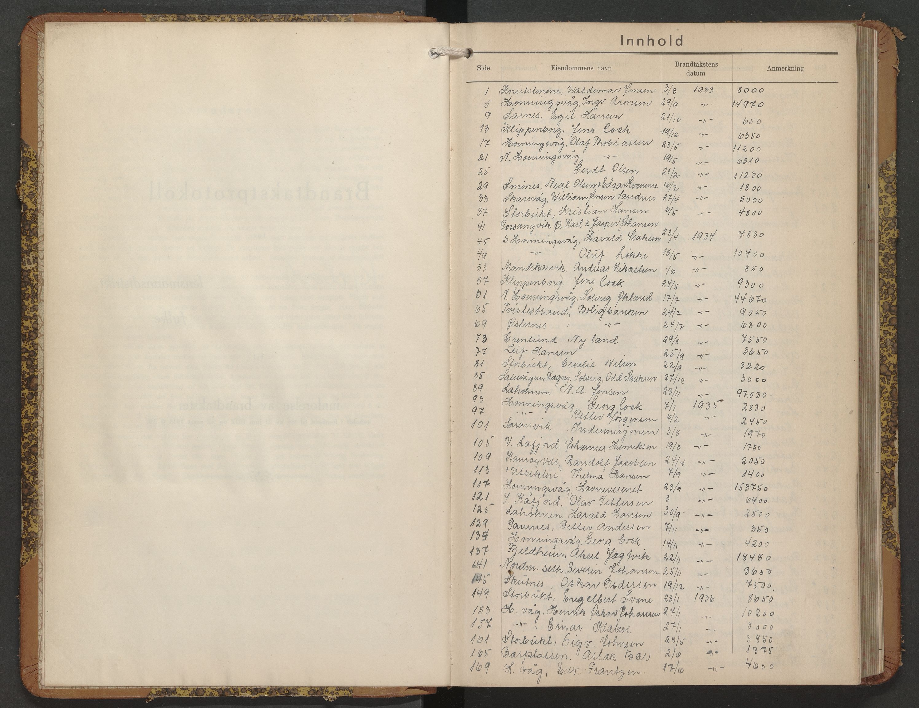 Nordkapp lensmannskontor, AV/SATØ-SATO-103/1/Fm/L0010: Branntakstprotokoller, 1933-1939