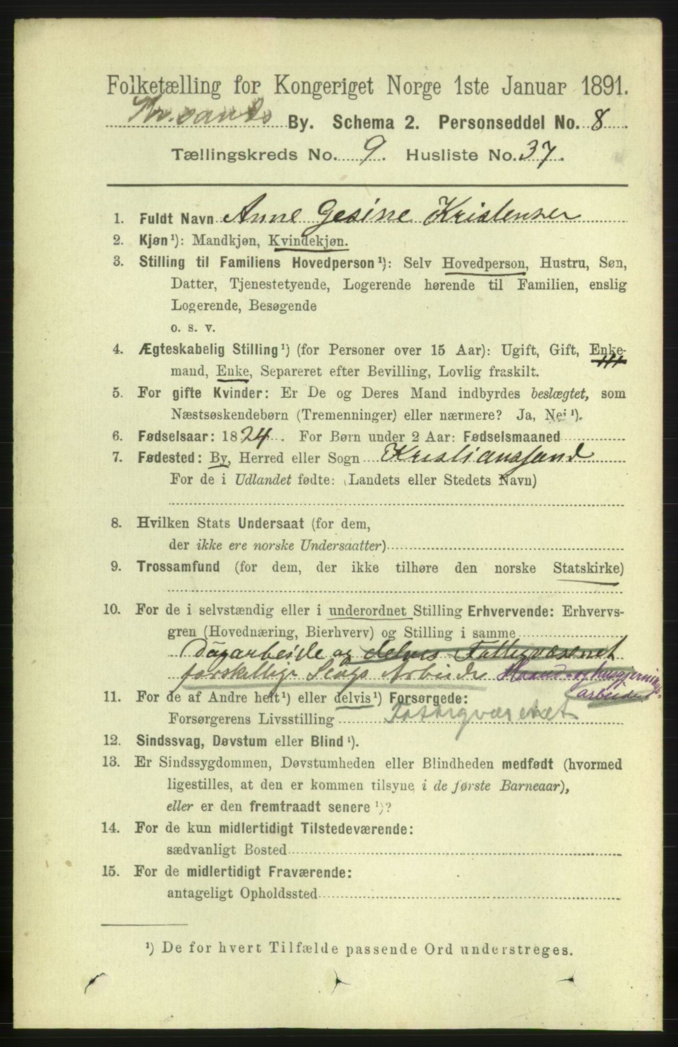 RA, 1891 census for 1001 Kristiansand, 1891, p. 5287