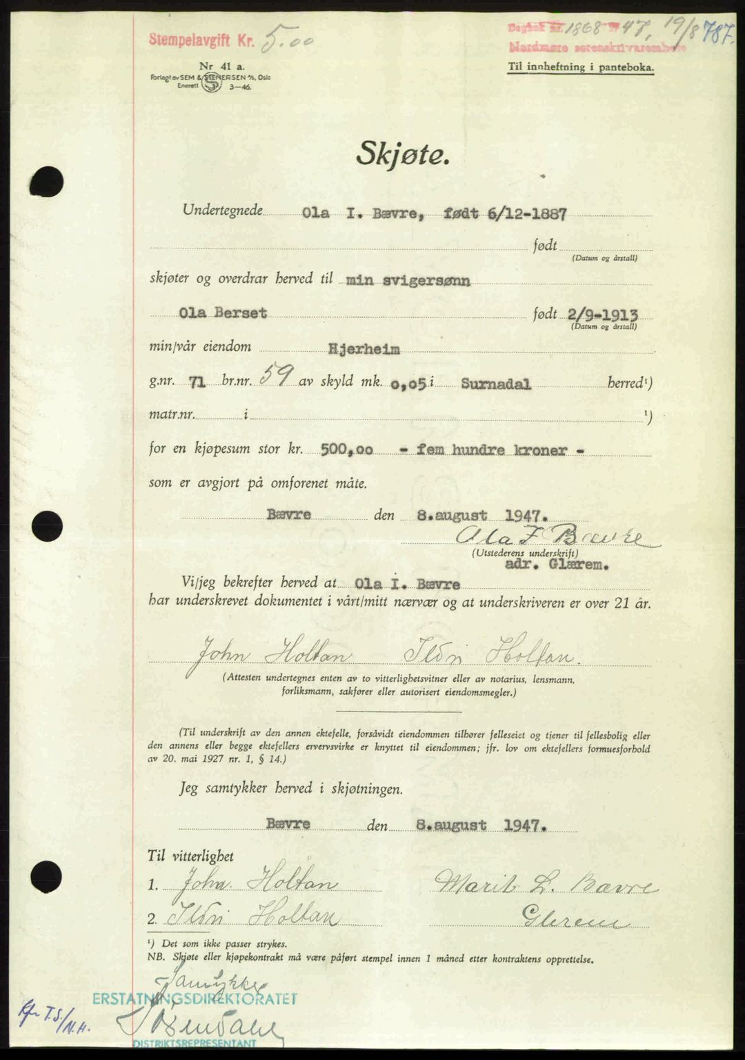 Nordmøre sorenskriveri, AV/SAT-A-4132/1/2/2Ca: Mortgage book no. A105, 1947-1947, Diary no: : 1868/1947