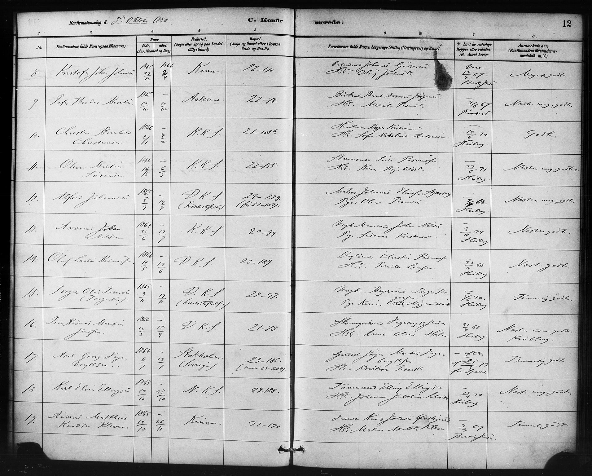 Korskirken sokneprestembete, AV/SAB-A-76101/H/Haa/L0029: Parish register (official) no. C 5, 1880-1892, p. 12