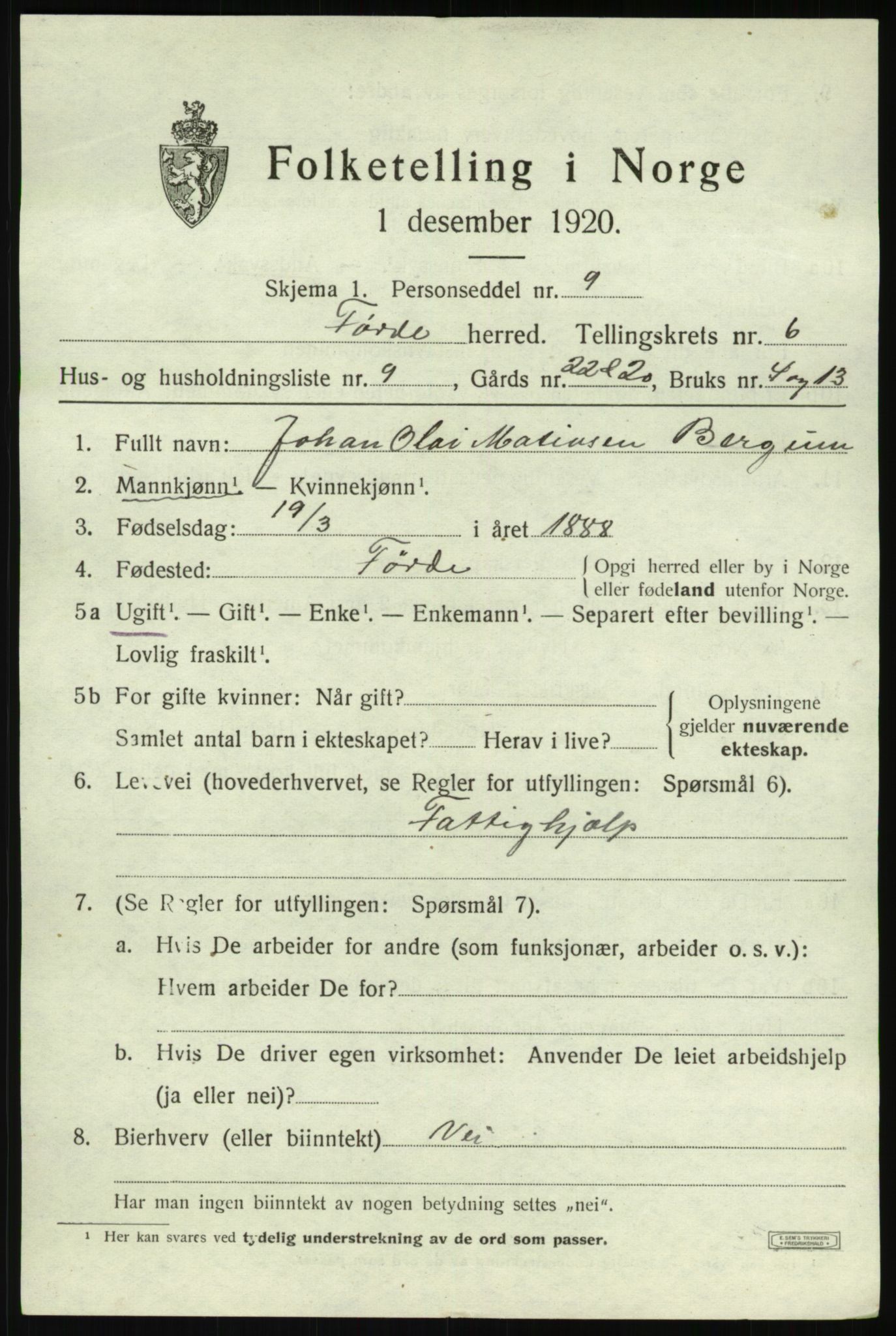 SAB, 1920 census for Førde, 1920, p. 2404