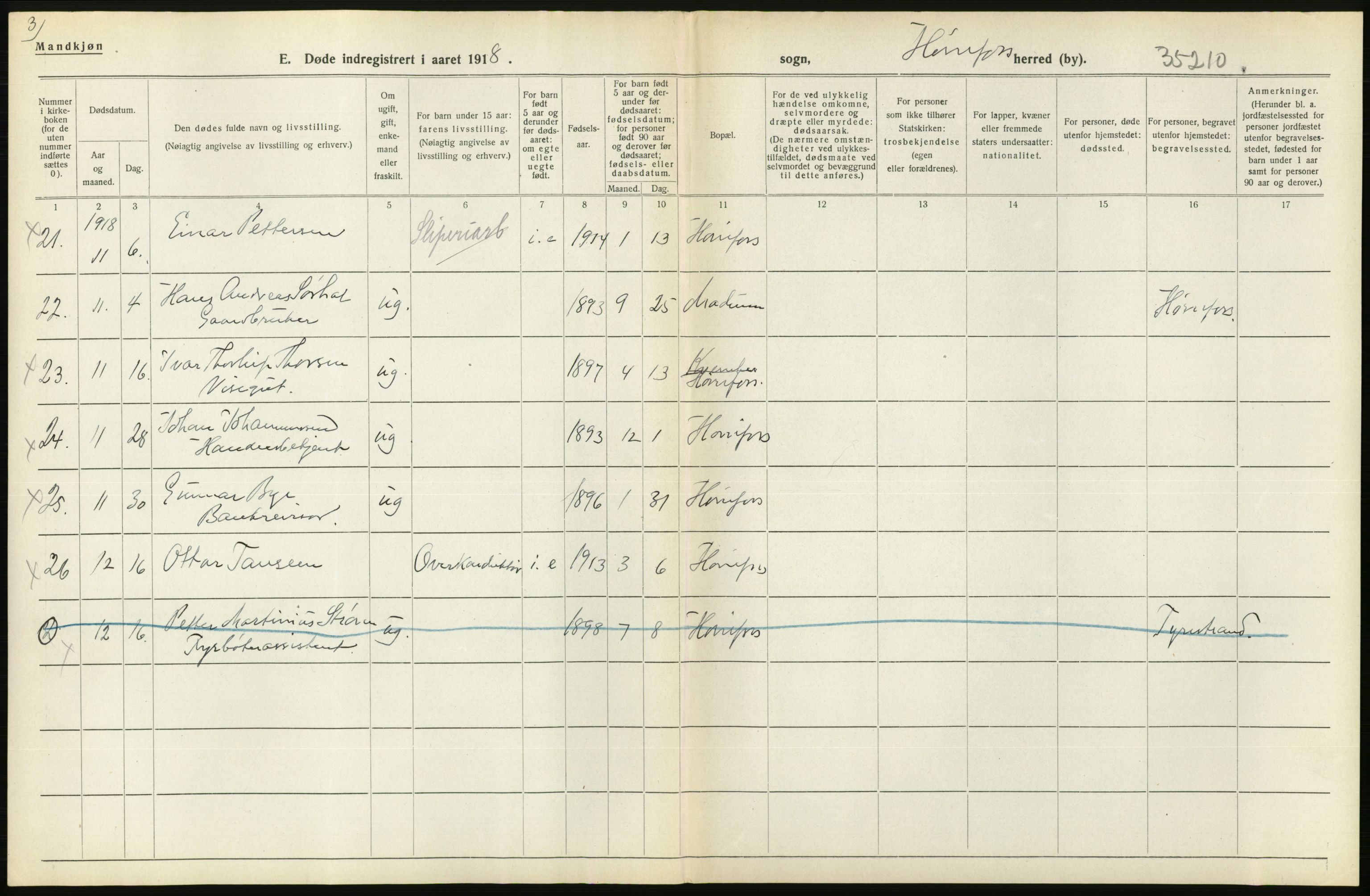 Statistisk sentralbyrå, Sosiodemografiske emner, Befolkning, AV/RA-S-2228/D/Df/Dfb/Dfbh/L0020: Buskerud fylke: Døde. Bygder og byer., 1918, p. 490