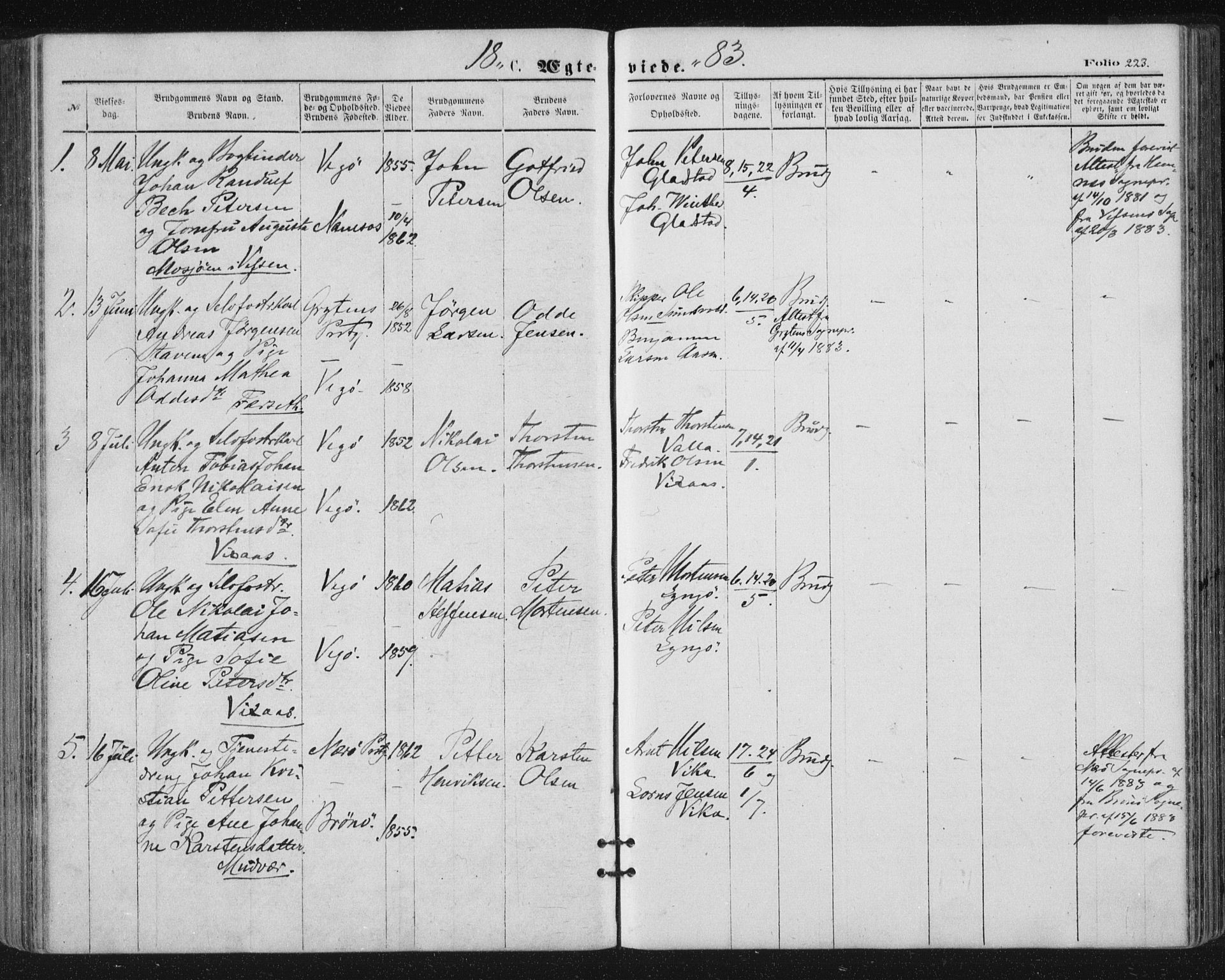 Ministerialprotokoller, klokkerbøker og fødselsregistre - Nordland, SAT/A-1459/816/L0241: Parish register (official) no. 816A07, 1870-1885, p. 223