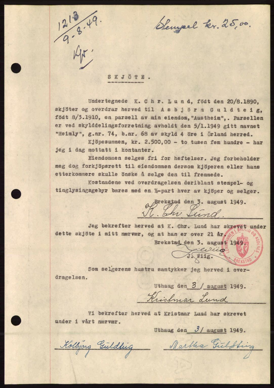Fosen sorenskriveri, AV/SAT-A-1107/1/2/2C: Mortgage book no. A10, 1949-1950, Diary no: : 1213/1949