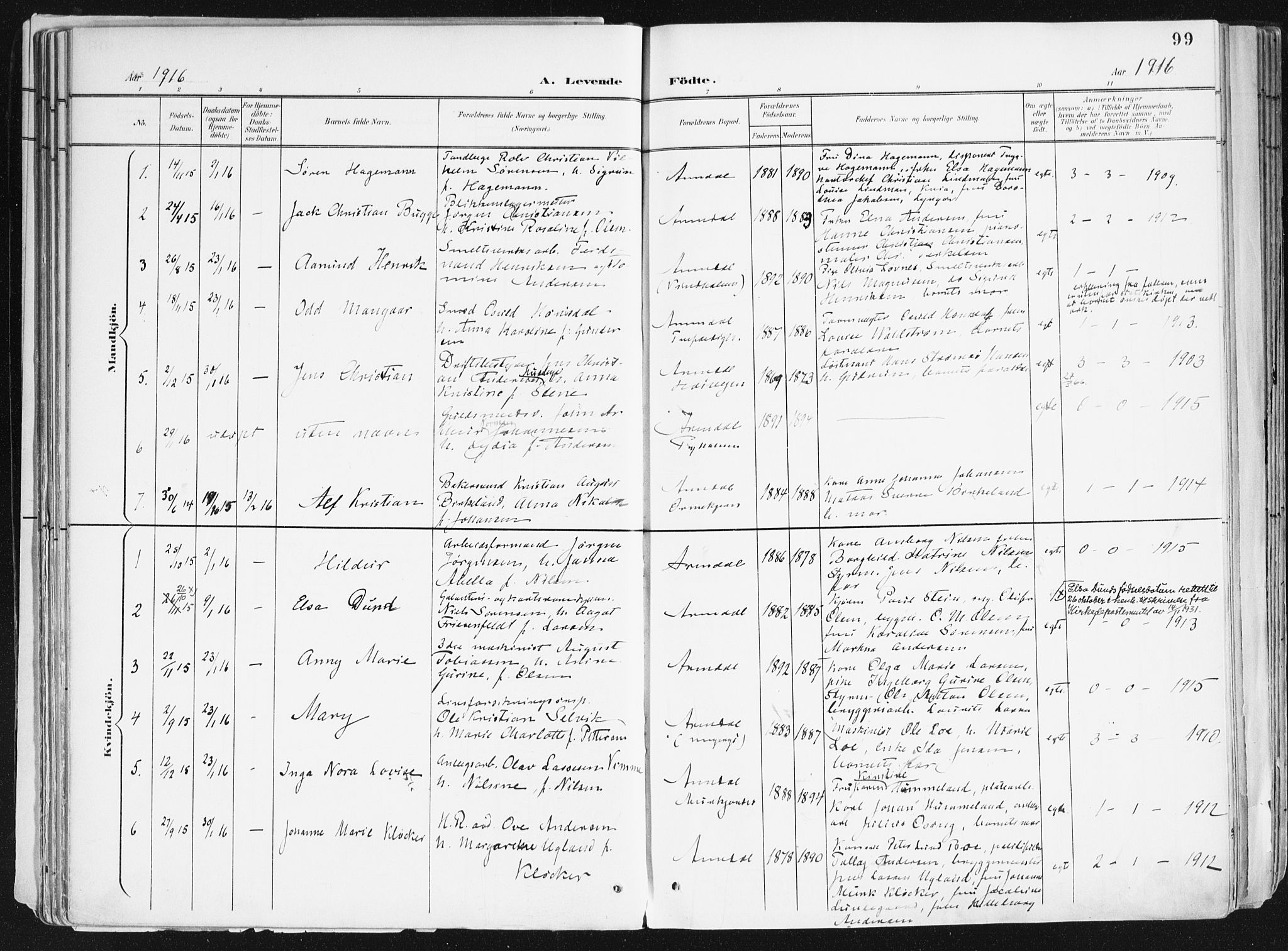 Arendal sokneprestkontor, Trefoldighet, SAK/1111-0040/F/Fa/L0010: Parish register (official) no. A 10, 1900-1919, p. 99