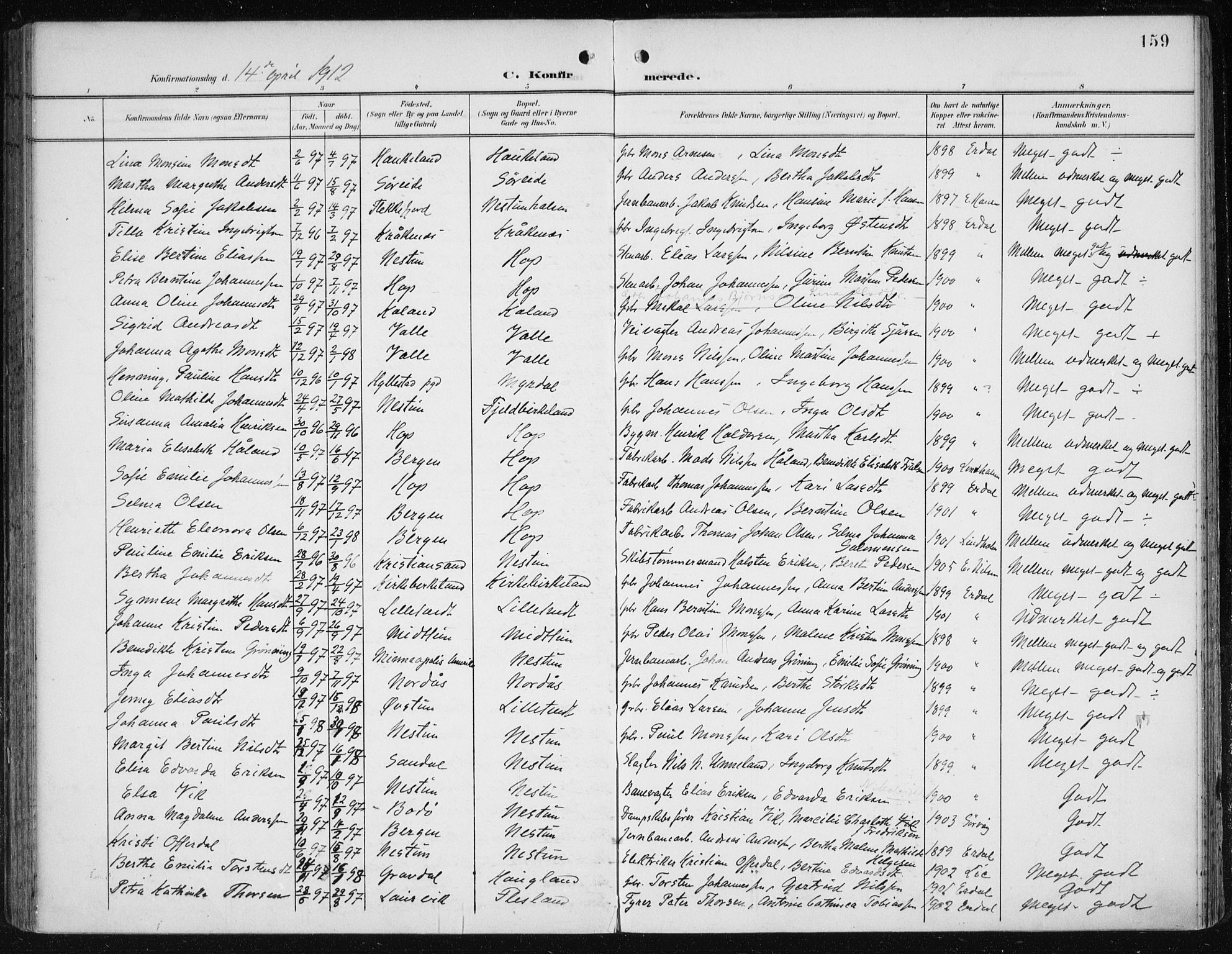 Fana Sokneprestembete, SAB/A-75101/H/Haa/Haai/L0003: Parish register (official) no. I 3, 1900-1912, p. 159