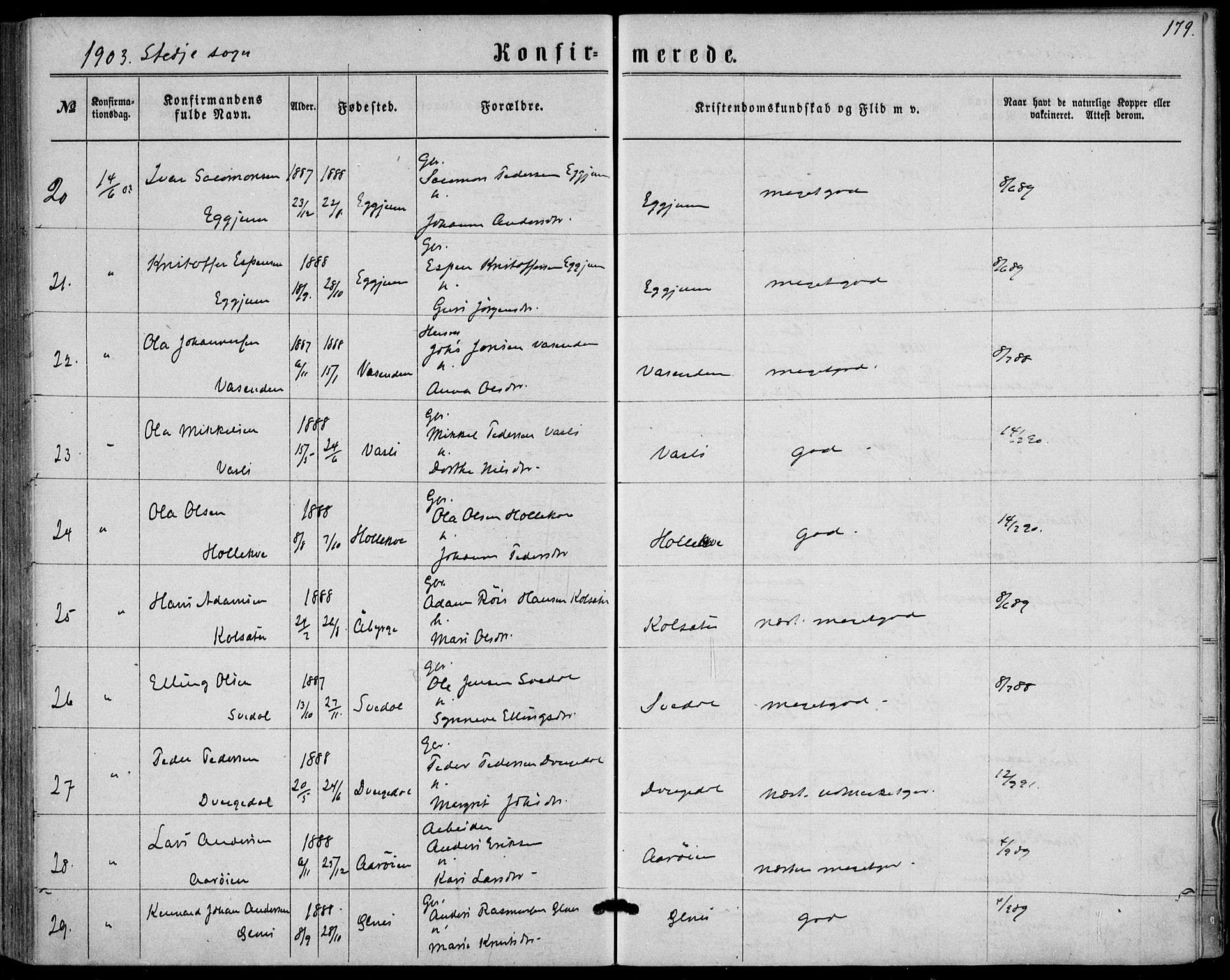 Sogndal sokneprestembete, AV/SAB-A-81301/H/Haa/Haaa/L0015: Parish register (official) no. A 15, 1871-1904, p. 179