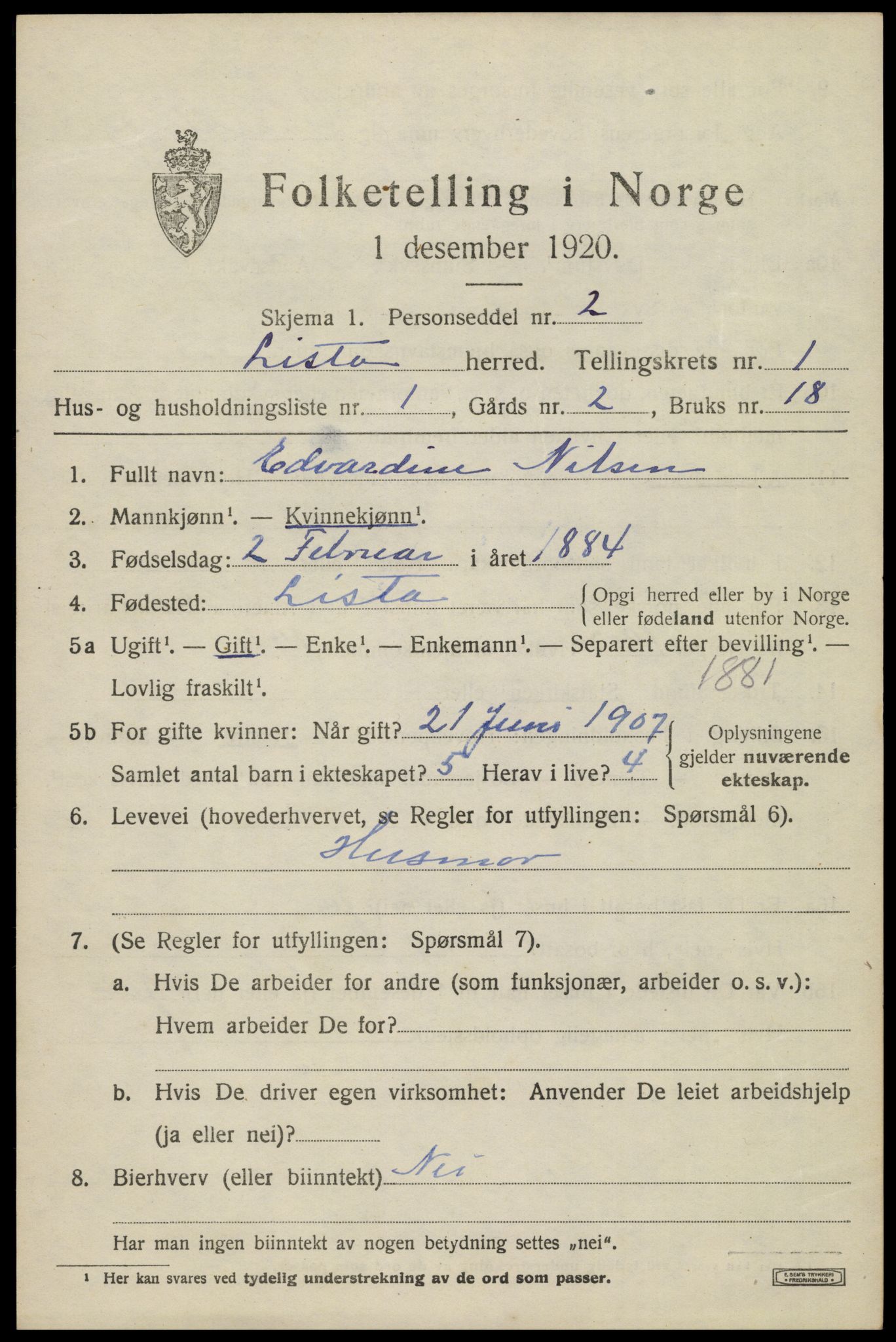 SAK, 1920 census for Lista, 1920, p. 2853