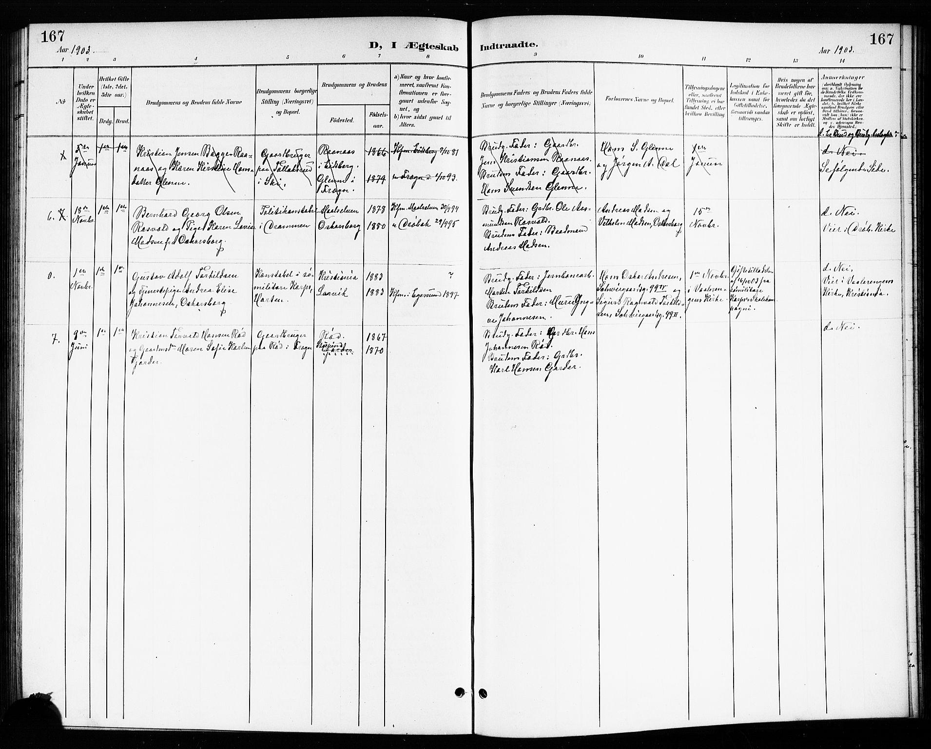 Drøbak prestekontor Kirkebøker, SAO/A-10142a/G/Gb/L0001: Parish register (copy) no. II 1, 1901-1919, p. 167