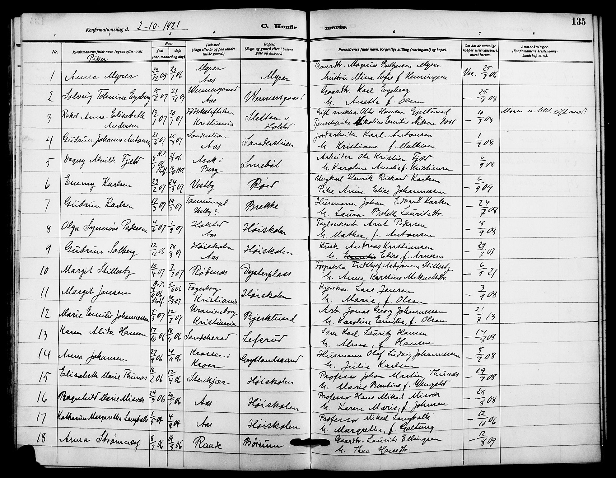 Ås prestekontor Kirkebøker, AV/SAO-A-10894/G/Ga/L0005: Parish register (copy) no. I 5, 1916-1924, p. 135